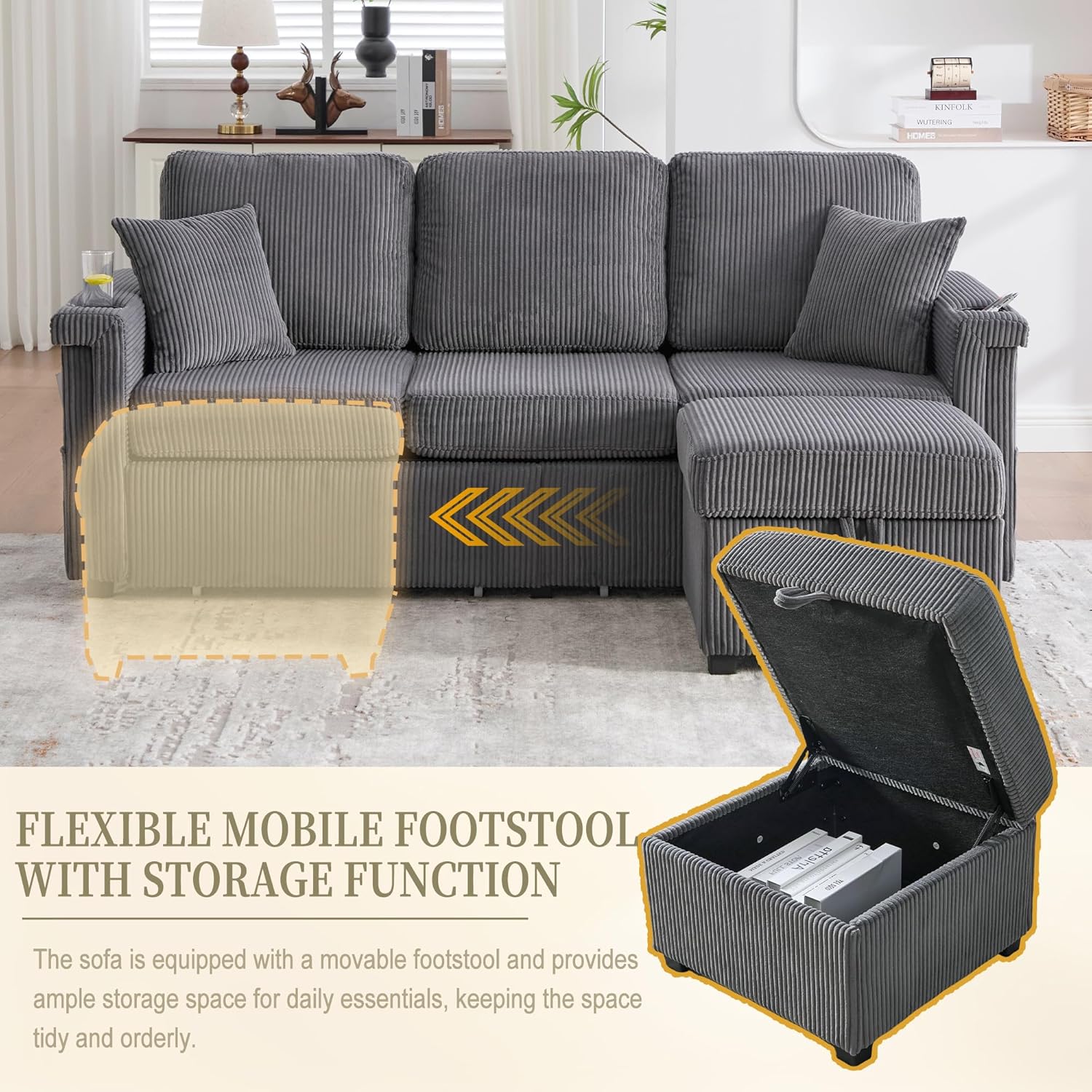 Convertible Sectional Couches for Living Room, L-Shaped Corner Couch 3 Seat Sectional Sofa Set with Movable Ottoman,Pull Out Storage,USB Charging,Cup Holder