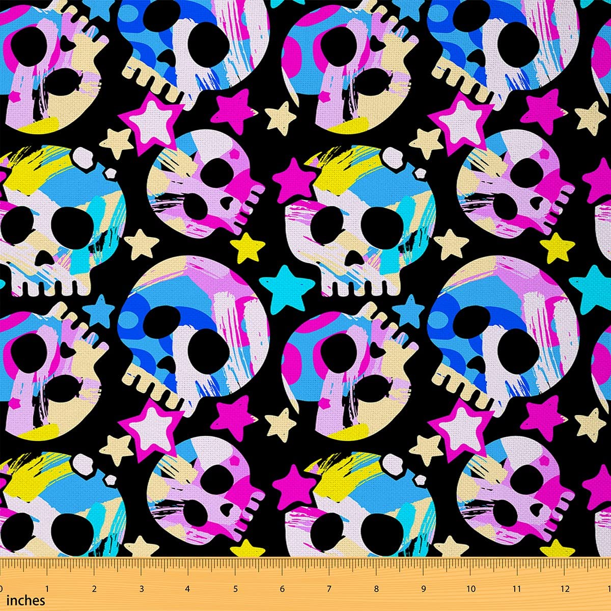 Cartoon Skull Fabric by The Yard Colorful Stars Hippie Graffiti Print Fabric for Kids Sewing Supplies Halloween Gothic Themed Funny Fabric for DIY Upholstery and Home Accents 3 Yards