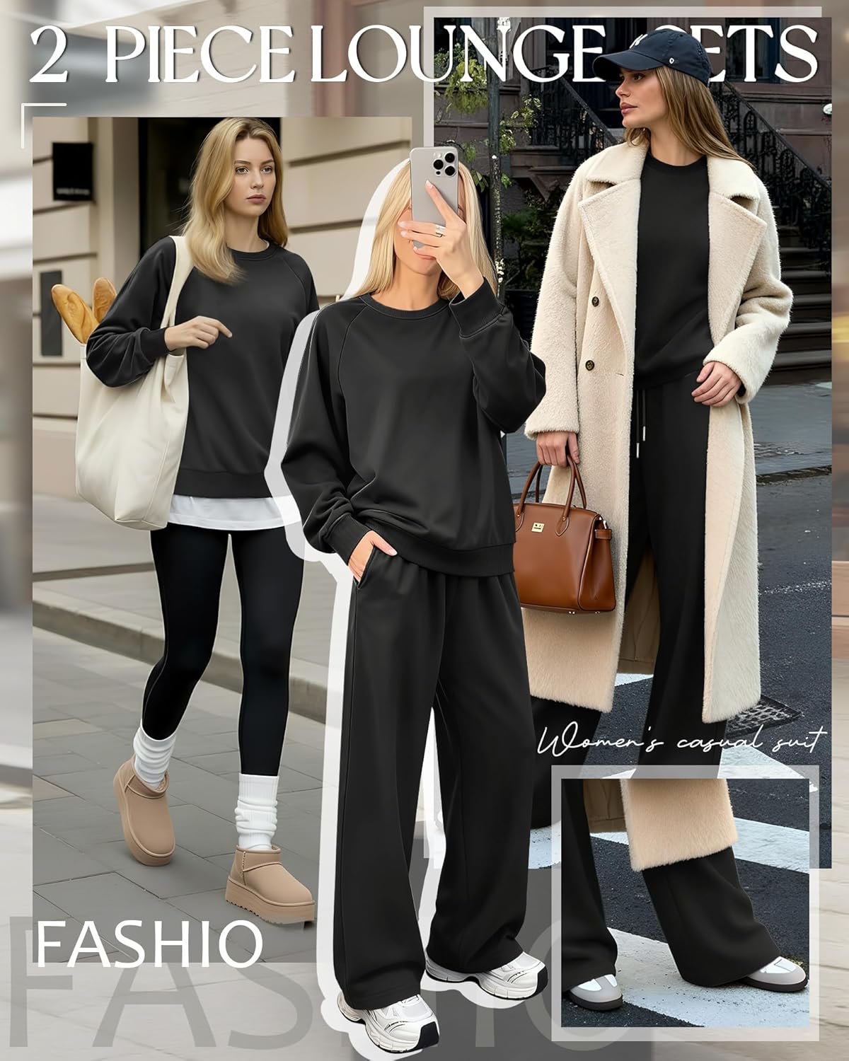 Women's 2 Piece Lounge Sets Sweatsuit Comfy Outfits Baggy Sweatshirt Wide Leg Elastic Waist Pants with Pockets - Image 3