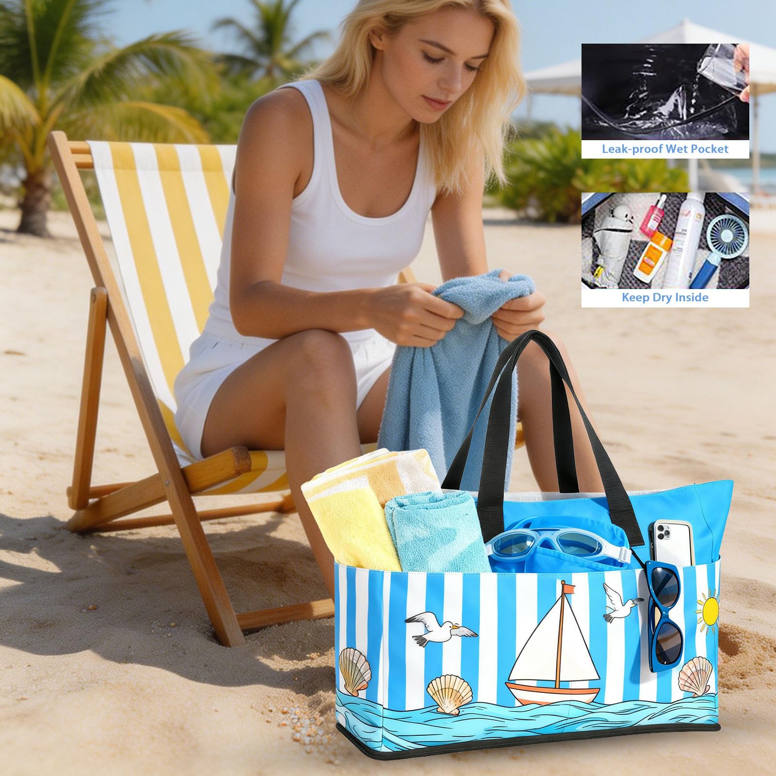 Generico Borsa Mare Grande Famiglia in Oxford a Strato Piccoli Oggetti Borsa Spiaggia Impermeabile Leggera con Cerniera Tote Bag a Tracolla Casual Elegante per Viaggio Shopping Campeggio,