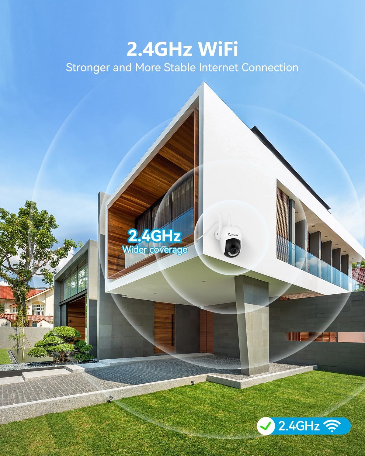 An outdoor security camera mounted on a modern house, with concentric circles indicating 2.4GHz WiFi signal coverage, emphasizing wider coverage and stable internet connection.