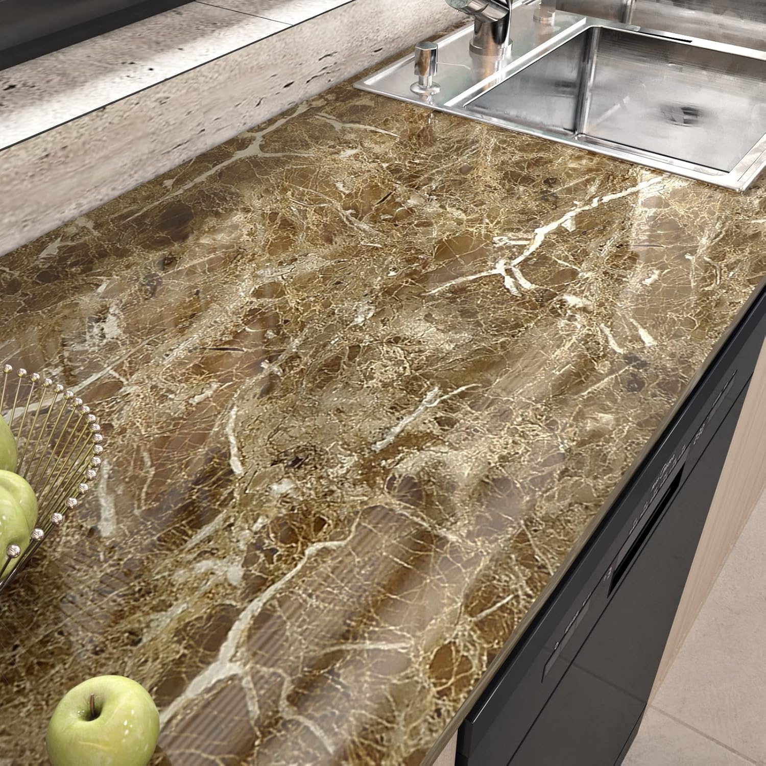 LIKILIKI 21.5" x 393" Brown Marble Contact Paper for Countertops