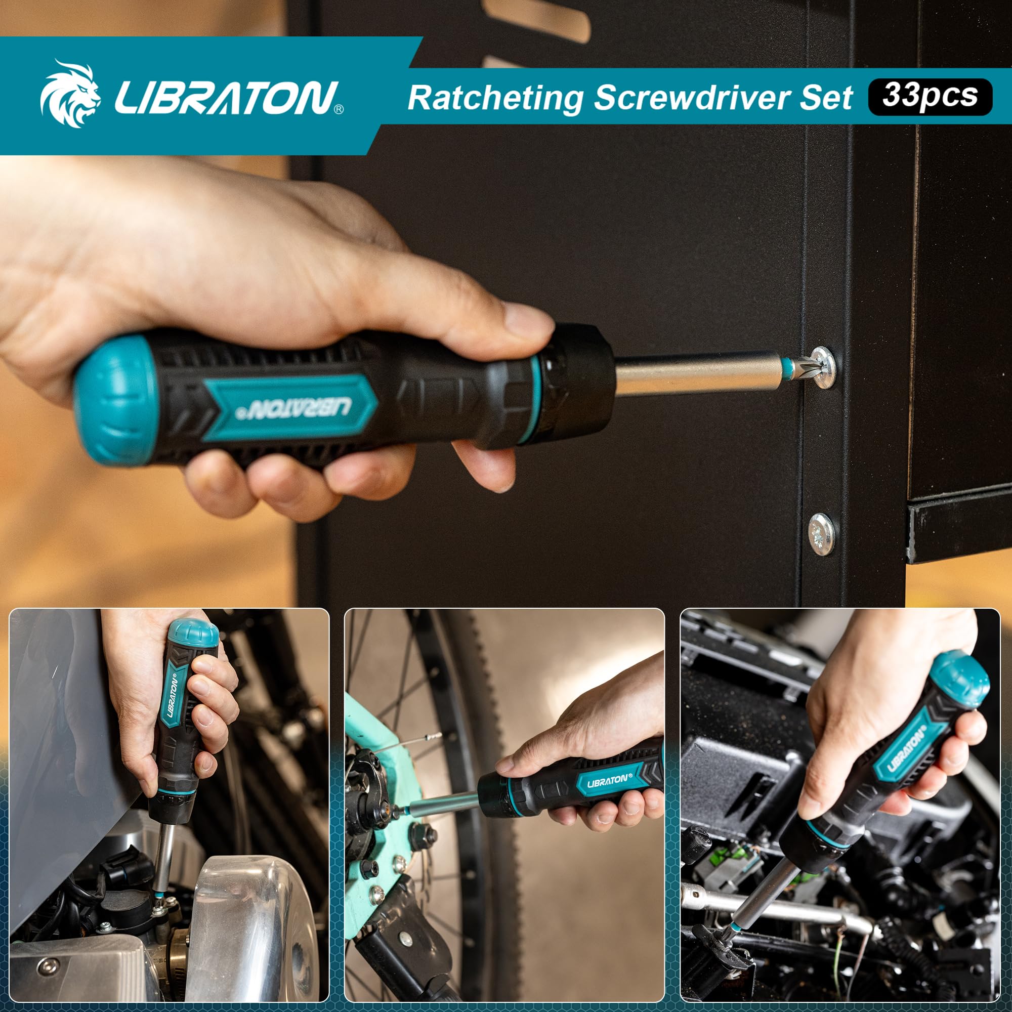 LIBRATON Tournevis Multi-embouts à Cliquet Magnétique 33-en-1, Embout Fendu/Cruciforme/Pozi/Torx/Hexagonal/Carré, Poignée Ergonomique pour Maison, Automobile & Bricolage