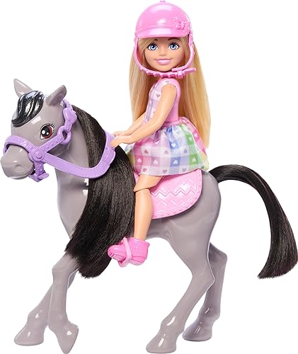 Barbie Chelsea - Juego de muñeca y caballo de juguete, incluye accesorio para casco y silla de montar, muñeca se dobla en las rodillas para "montar"