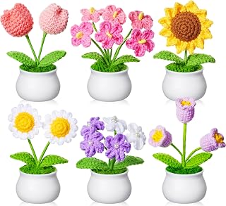 Hahafelt 6 Pcs Crochet Flower Pot Set Crochet Flowers Daisy Tulips Sunflower Forget Me Not Flowers Crochets Potted Plant Gifts for Women Home Office Desk Party Decoration (Classic Style)