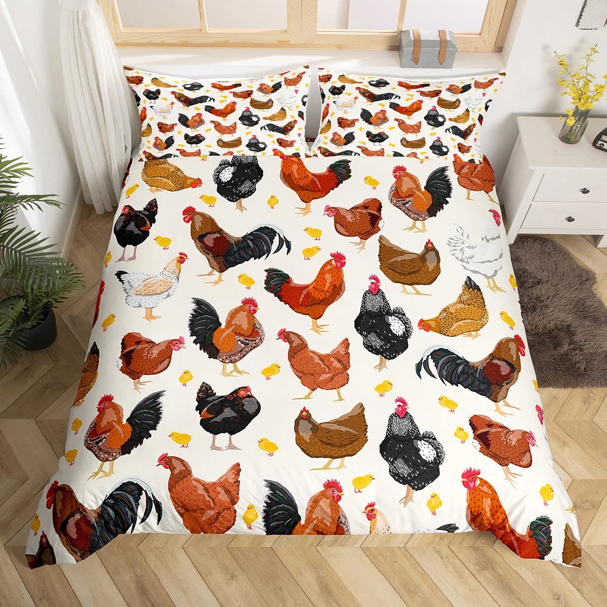 Loussiesd Chicken Bedding Set Cute Chicken Pattern Duvet Cover for Boys Girls Children 3D Animals Theme Bed Cover Room Decor Bedding Bedclothes 2Pcs Single