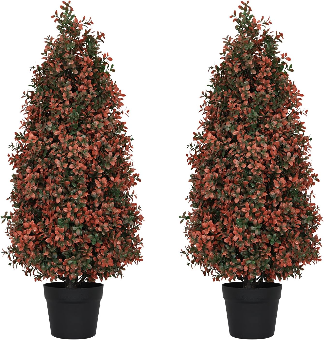 3FT Artificial Boxwood Topiary Trees 2-Pack, Red Cone Shaped Faux Plants for Outdoor Porch Patio Decor, Pre-Potted Maintenance Free Artificial Shrubs