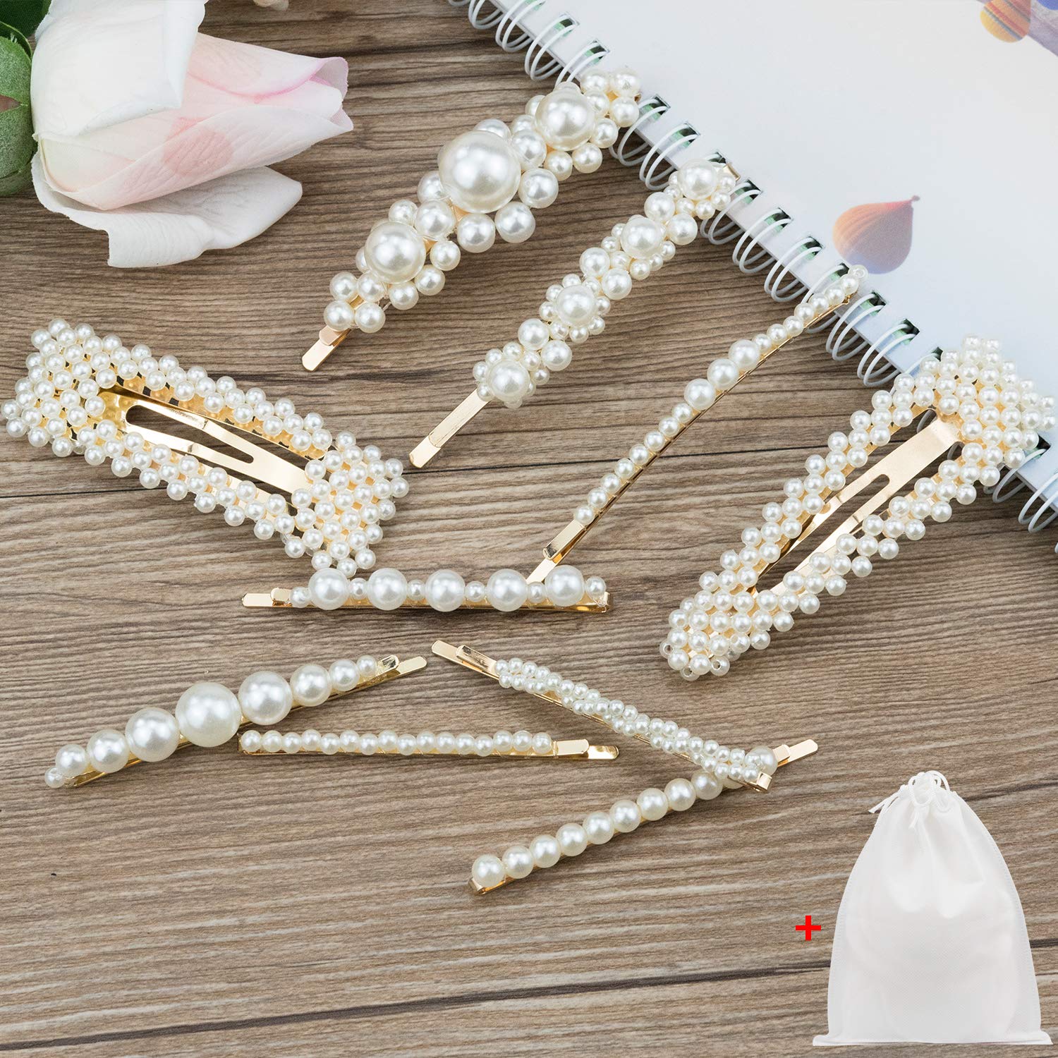 Pearl Hair Clips 10Pcs (Gold), EAONE Artificial Pearl Hair Pins Hair Barrettes Headwear Wedding Hair Clip Accessories with 1 Pouch Bag for Women Girls Gifts