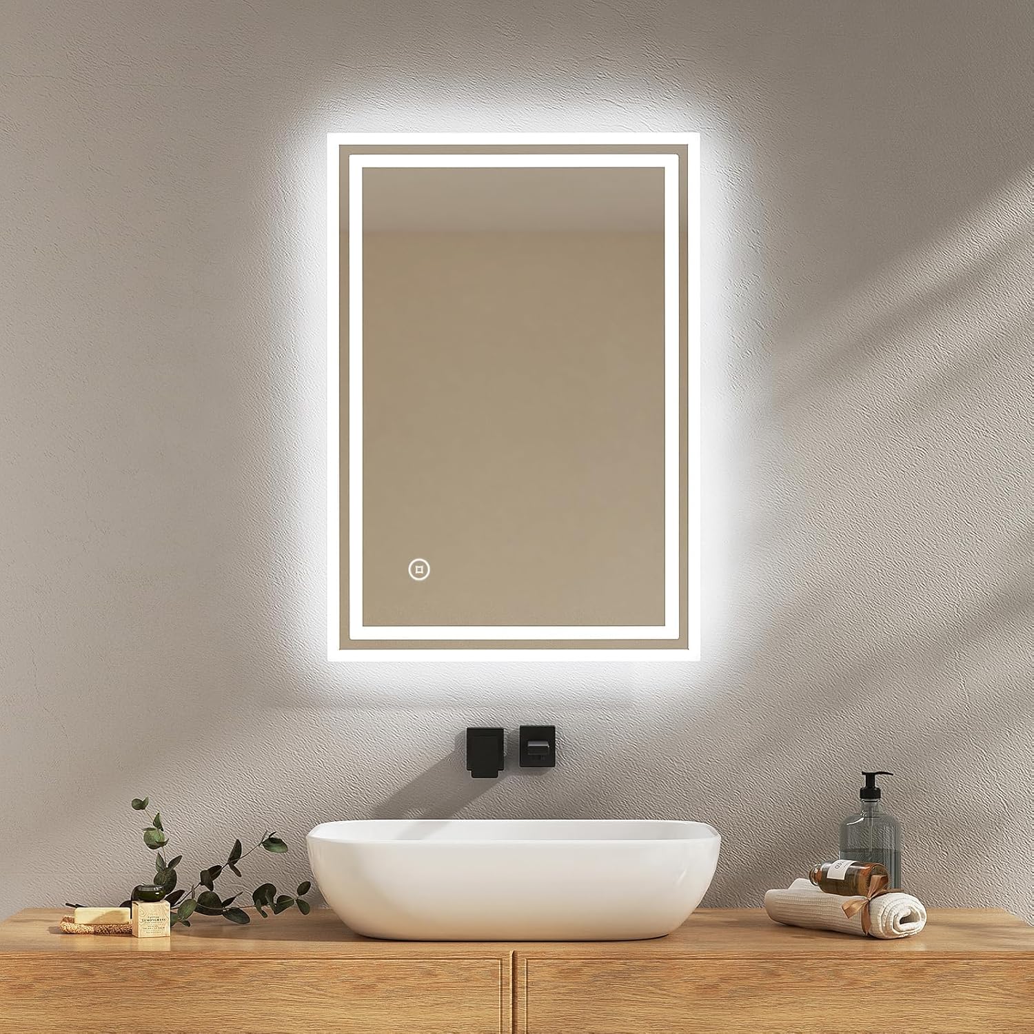 EMKE Bathroom Mirror with LED Lights, 500x700 MM Wall Mounted Shaver Socket Bathroom Mirrors