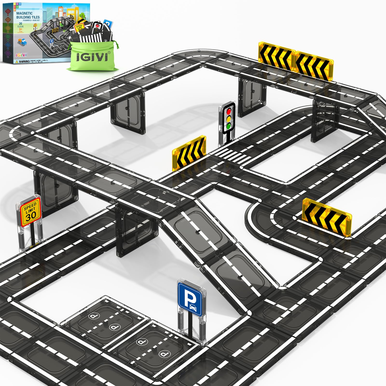 Magnetic Tiles Road Set, STEM Magnet Toys for Kids Ages 3-5 4-8, Magnetic Building Blocks for Toddlers, Birthday Gifts for 3+ Year Old Boys Girls