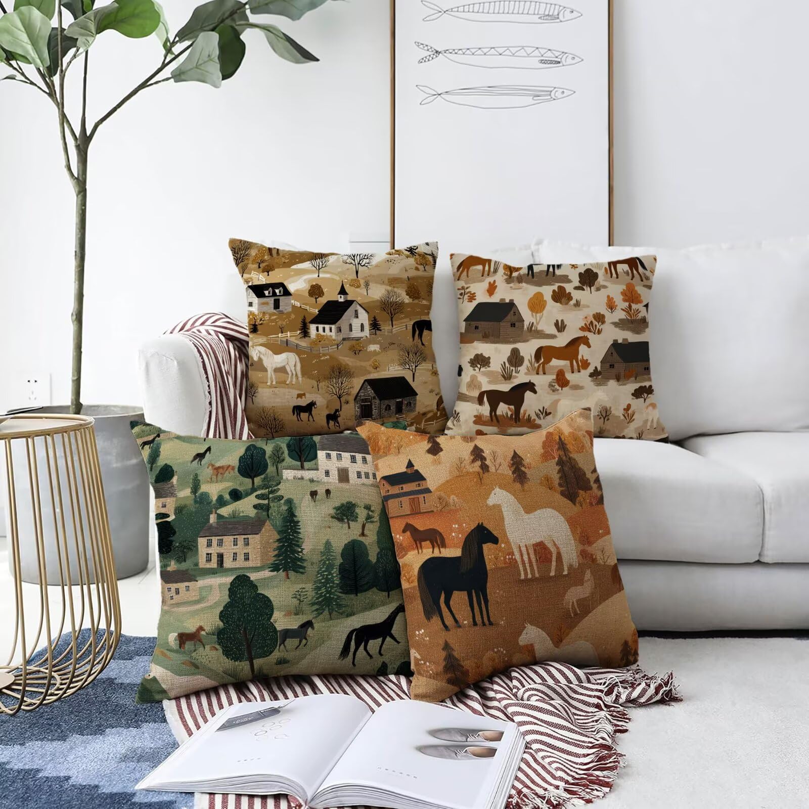 Żółte poszewki na poduszki ze zwierzętami 70 x 70 cm 4 sztuki, lniana kwadratowa poszewka na poduszkę dekoracyjna z niewidocznym zamkiem błyskawicznym poduszki zewnętrzne do dekoracji biura na
