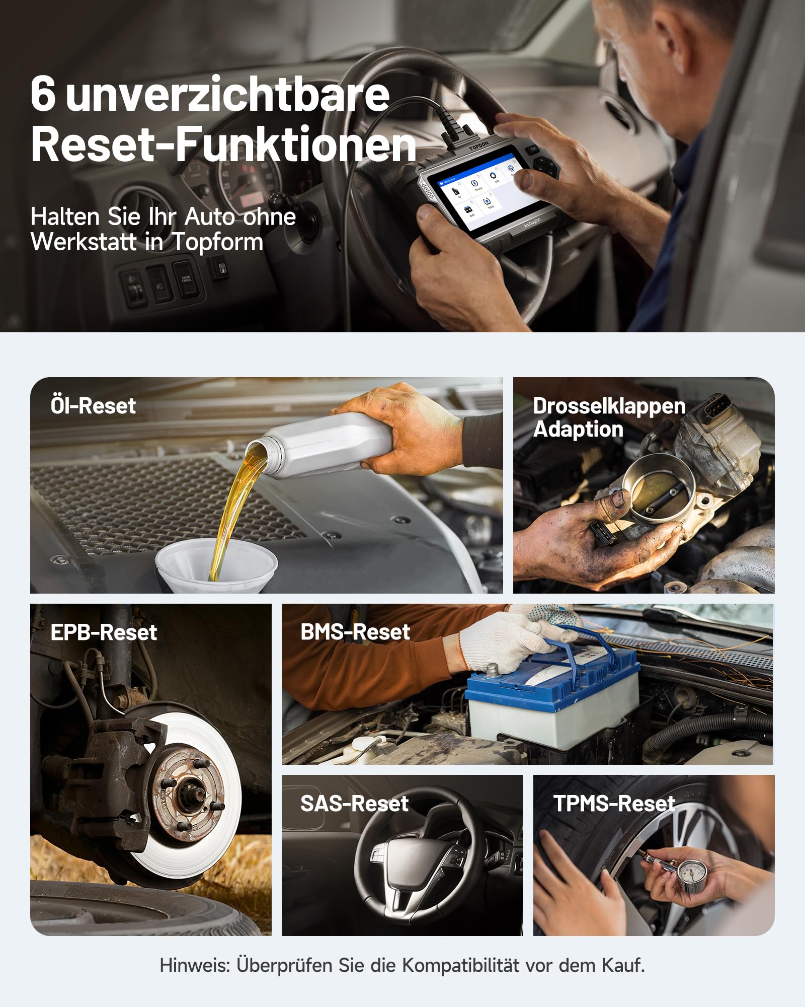 TOPDON OBD2 Diagnosegerät Auto AD500, Auslesegerät Kfz-Codeleser Für 4 Systemdiagnosen Motor/ABS/SRS/Getriebe, Mit 6 Reset-Funktion, kostenlosem Lifetime-Upgrade