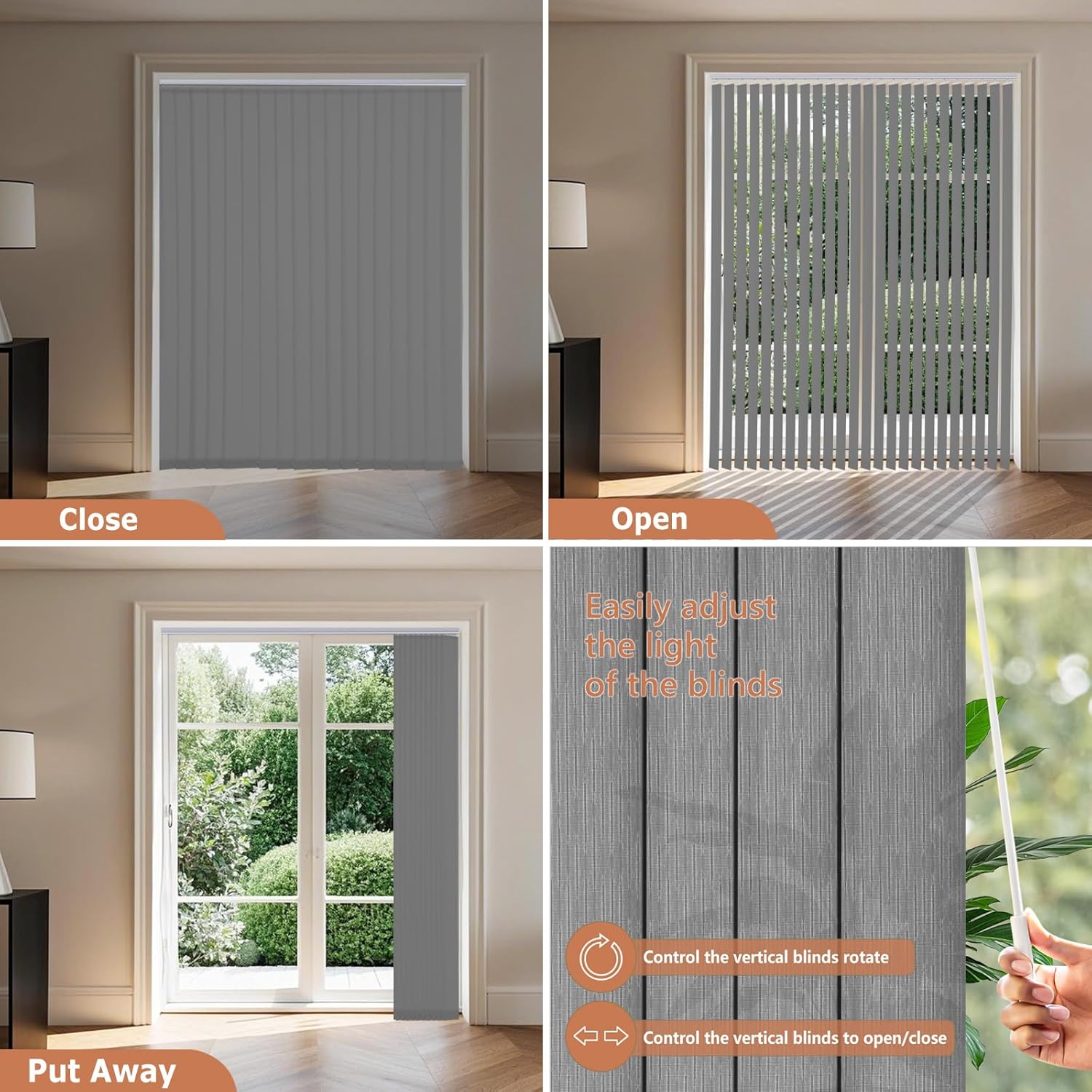 Light Filtering Fabric Vertical Blinds, Grey Window Shades, 3.5 Inch Slats Privacy Vertical Blinds，Wand Control Window Blinds for Sliding Door, Patio, French Door, Closet