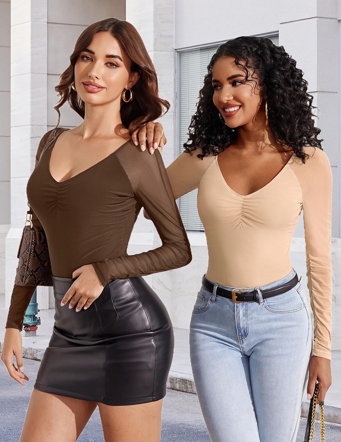 Avidlove Long Sleeve Bodysuit for Women Sexy V Neck Mesh Ruched Shapewear Body Suits Going Out Leotard Tops - Image 2