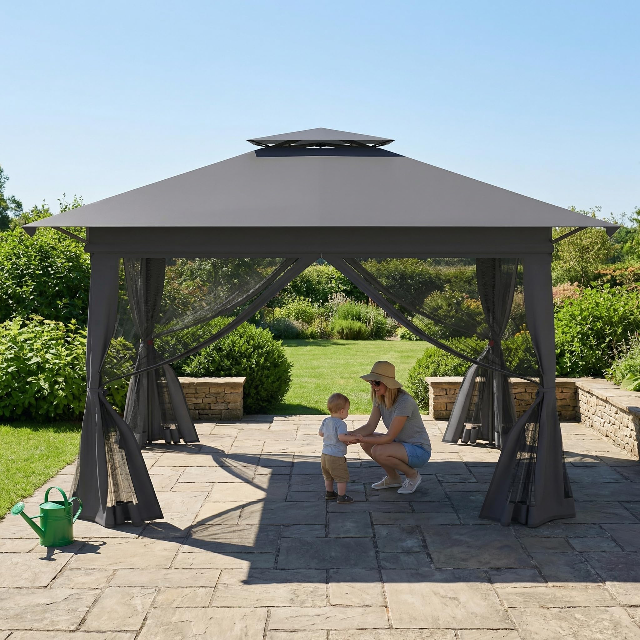 3x3m Gartenpavillon, Pop-up Gartenlauben mit 4x4m Doppeldach & 4 Moskitonetzen & Tragetasche mit Rollen, 3-Stufen Höhenverstellbar Faltpavillon für Garten Grillpartys (Anthrazit)