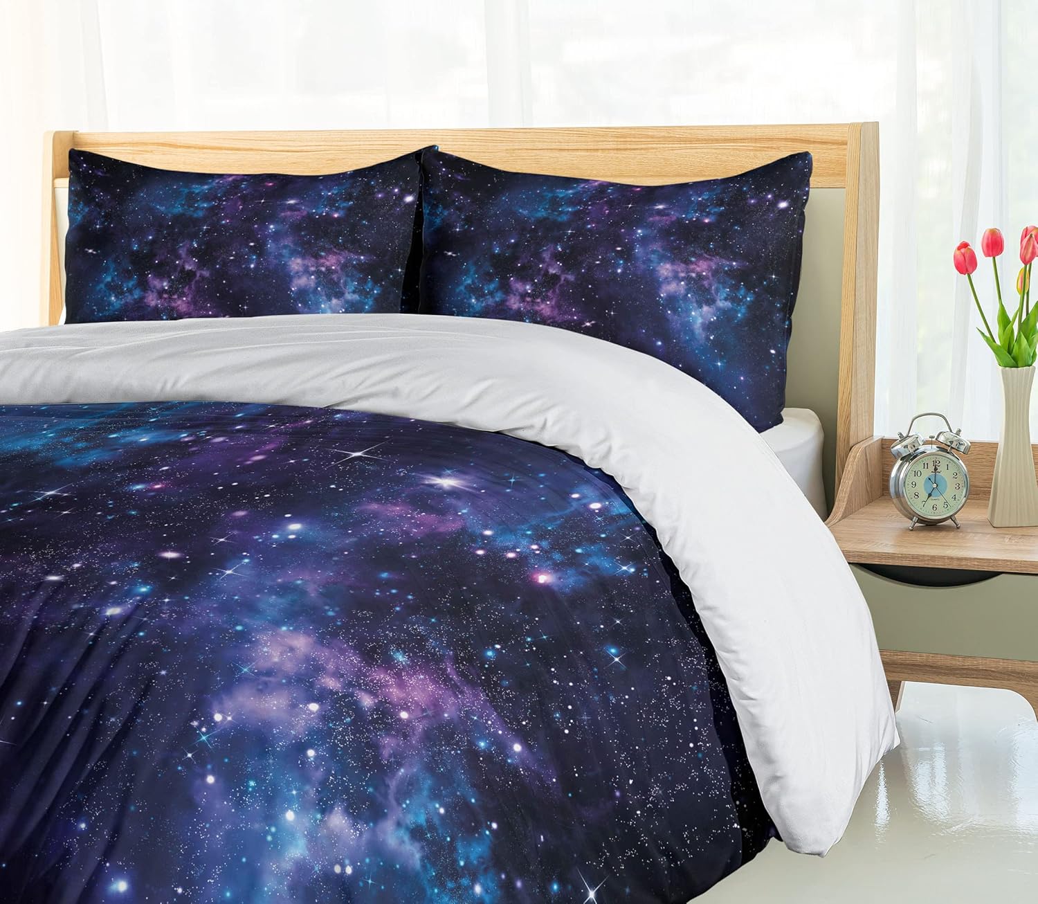 Ambesonne Space Duvet Cover Set, Mystical Sky with Star Clusters Cosmos Nebula Celestial Scenery Artwork, Decorative 2 Piece Bedding Set with 1 Pillow Sham, Twin Size, Purple Blue Twin Purple Blue
