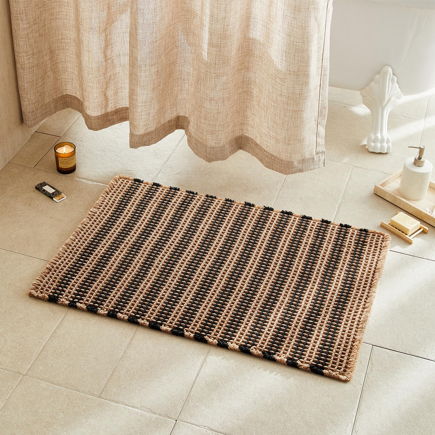 TYUU Waffle Bath Mat, Boho Bathroom Rugs Non Slip, 36x24 Black &amp; Khaki