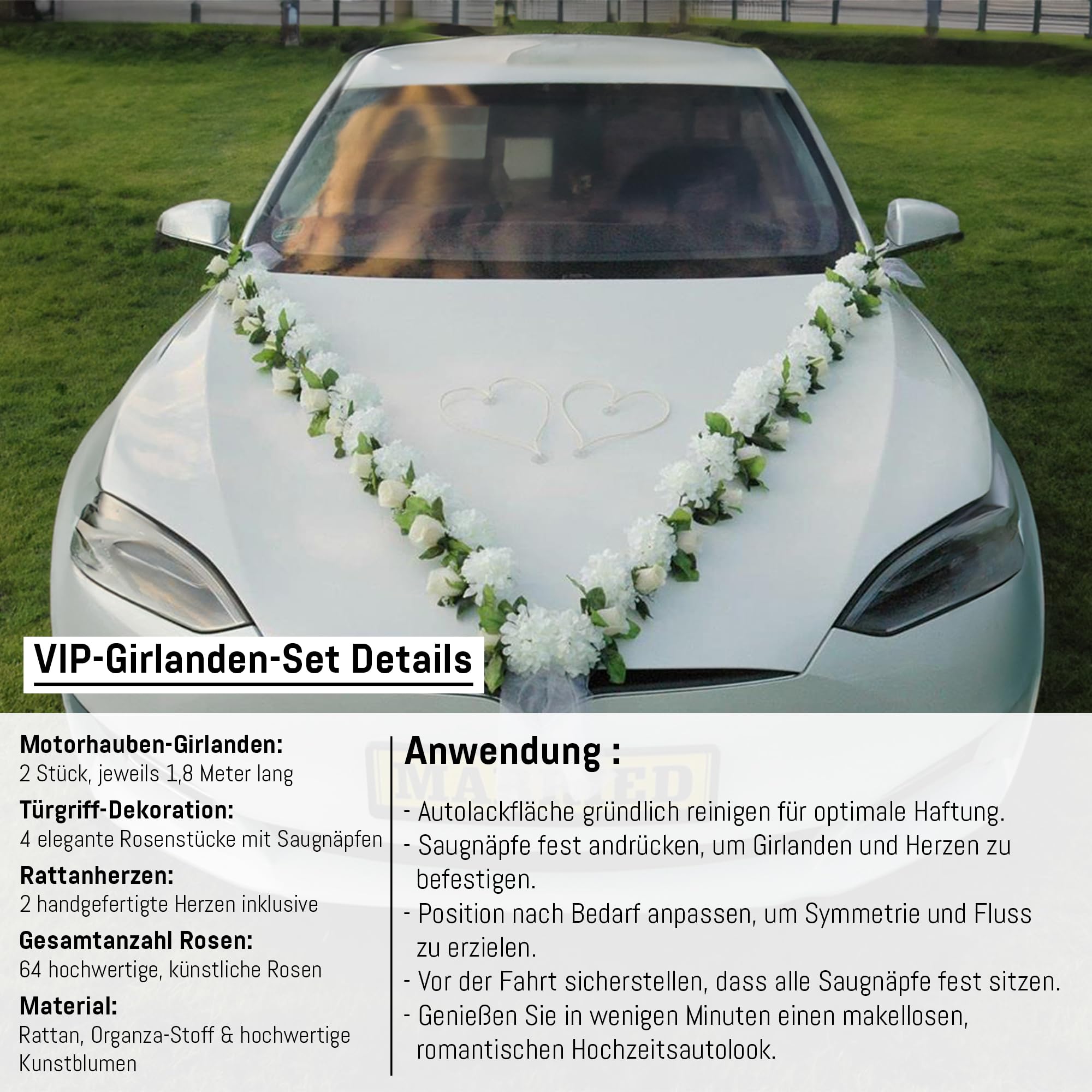 VIP Girlande 30 Azaleen 30 Rosen 18 extrastarken Saugnäpfen 2 x 180 cm Girlande 4 Türgriffdekorationen 2 Rattanherzen Braut Paar Autoschmuck Hochzeit Car Auto Wedding PKW ®Auto-schmuck (Azaleen 6)…