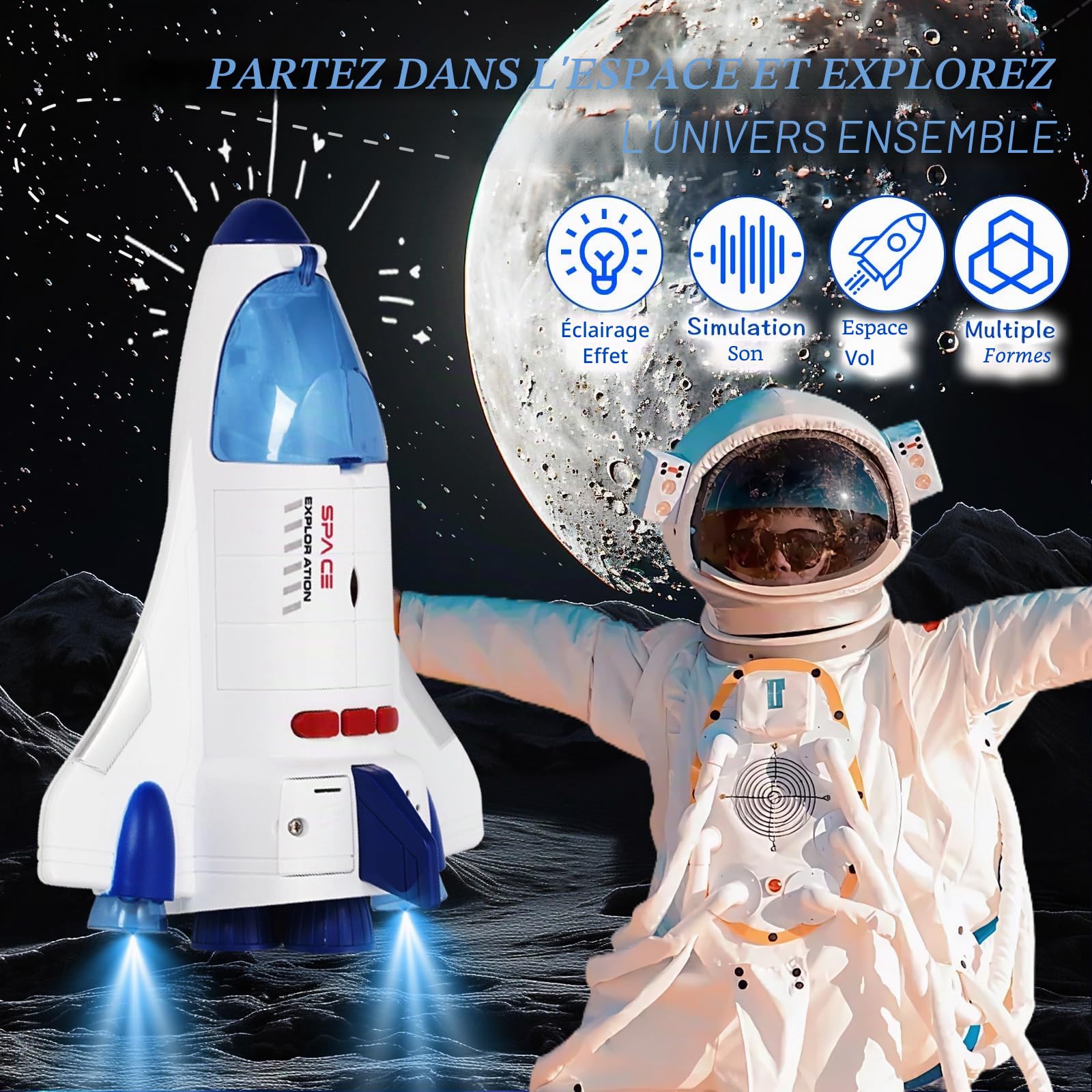 Navette Spatiale Jouets, Toys spatiaux pour Les Enfants avec Astronautes Fusée Effets Sonores et Lumineux, Spaceship Rocket Shuttle Toy (WY893A)