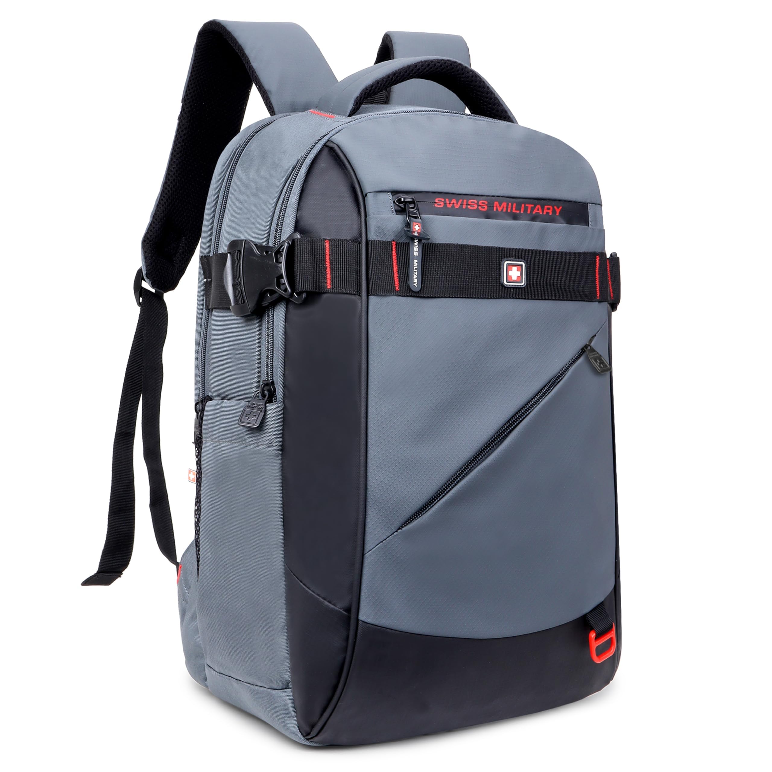 SWISS MILITARY 30L Laptop Travel Backpack for 15.6 Inch Laptop, Unisex Office & College Bag with Luggage Strap, Anti-Theft Pocket, Detachable Key Ring & Expandable Bottle Pocket Grey
