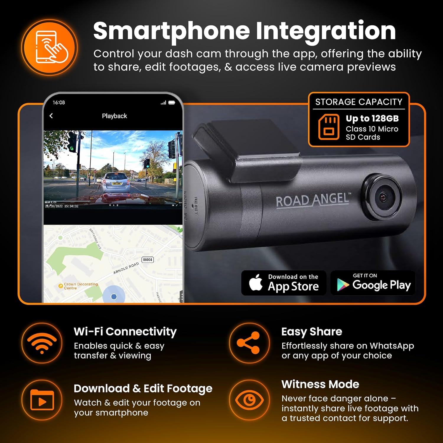 Aura HD1 Dash Cam with a smartphone displaying the companion app, highlighting Wi-Fi connectivity and storage capacity.