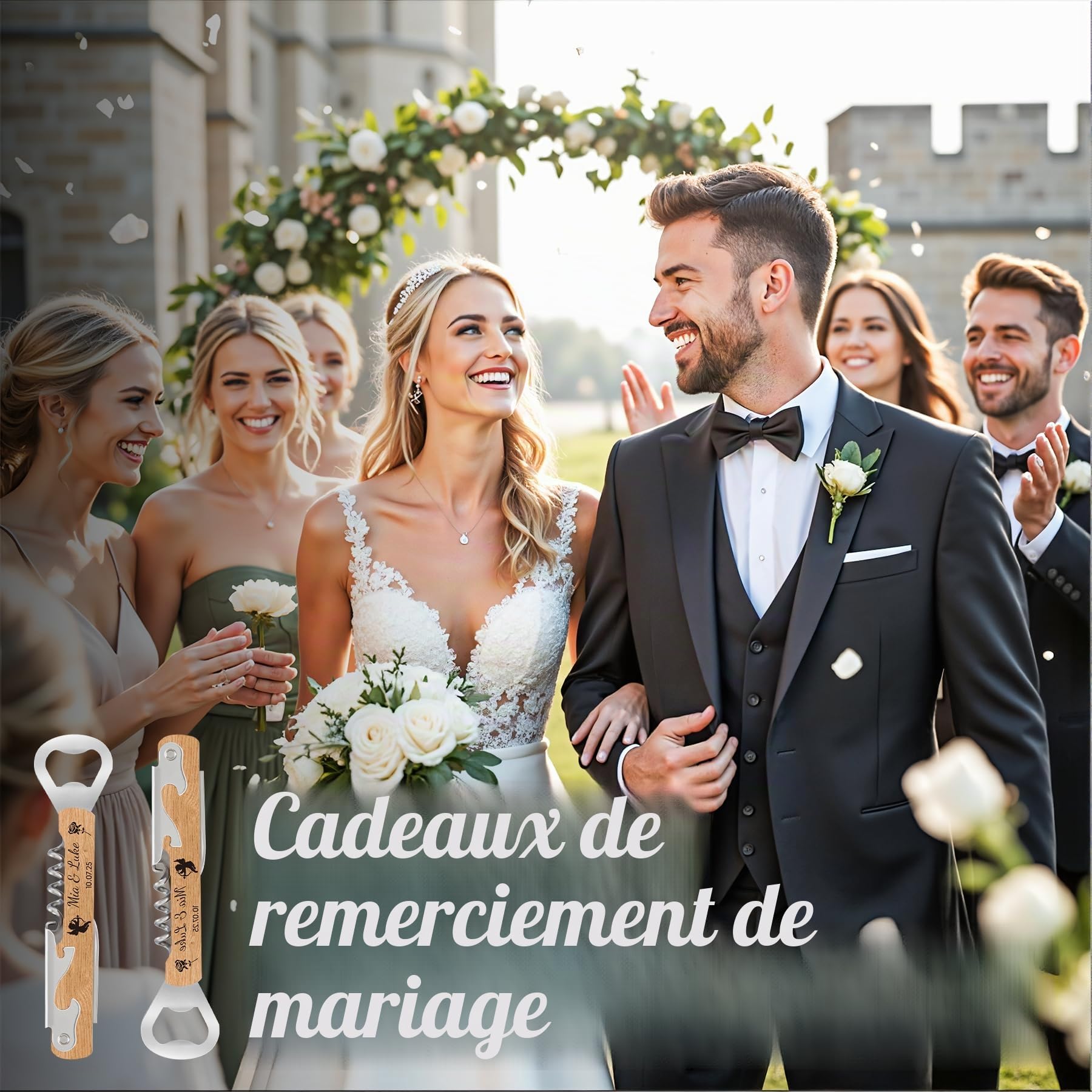 10 Pièces Tire Bouchon Personnalisé, Cadeau Invité Mariage, Décapsuleur en Bois Gravés Double Face, Idéal pour Bar, Maison, Anniversaire et Fête