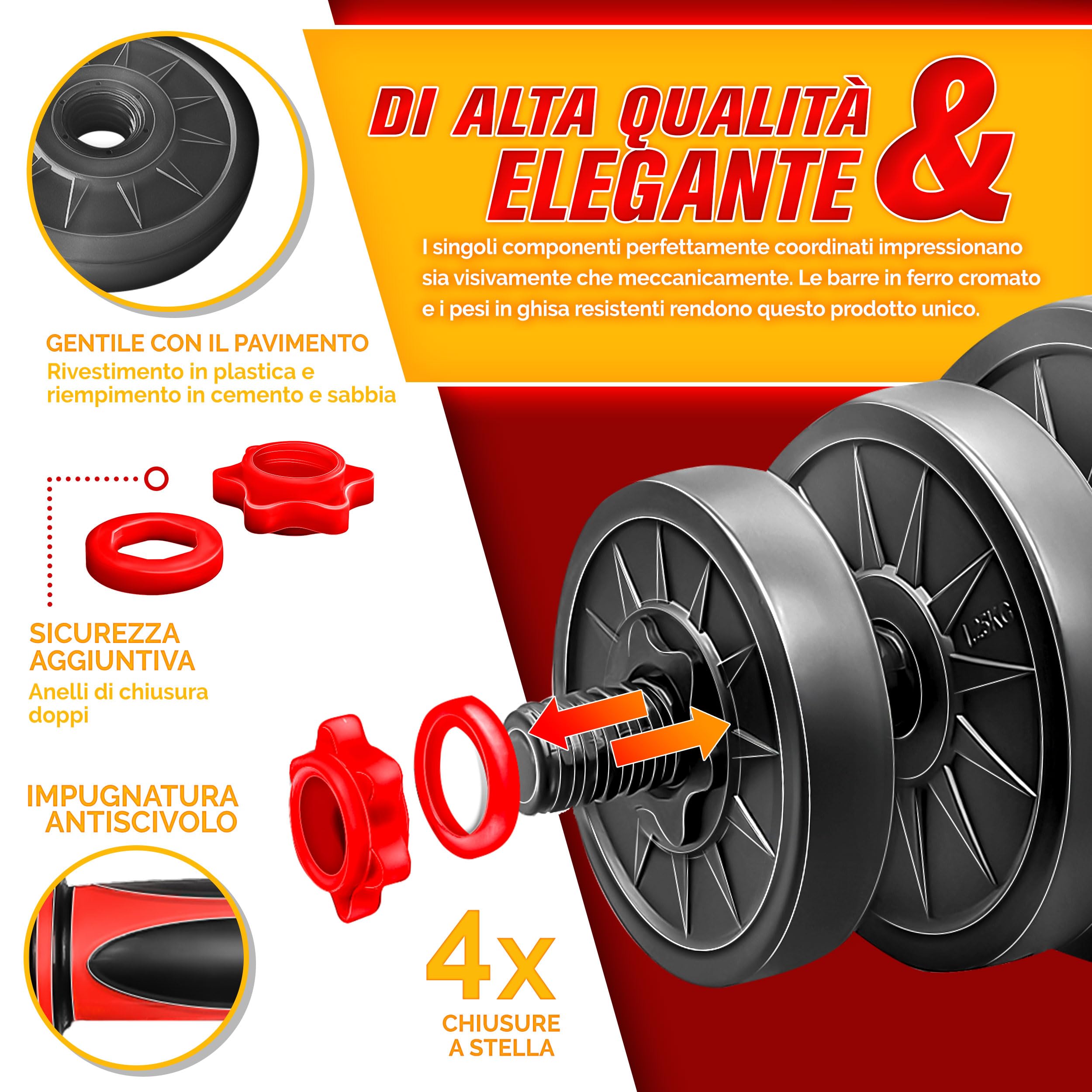 RE:SPORT Set di manubri 2 in 1 15-40kg | Set di manubri regolabili | Manubri corti e lunghi | Chiusure a stella e tubo di collegamento