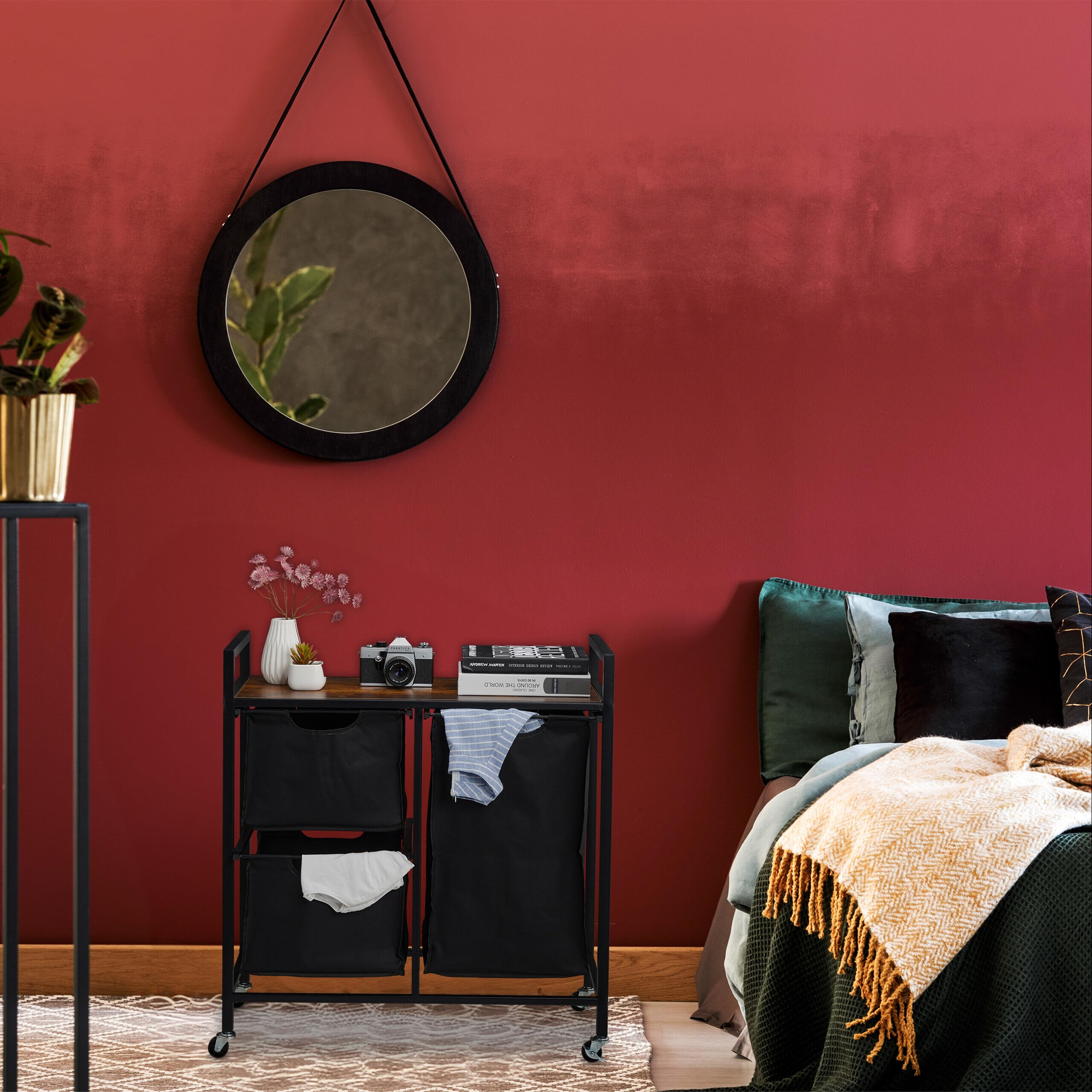 Relaxdays Mueble para Ropa Sucia, 3 Cestos Extraíbles, Estantería Colada con Ruedas, Diseño Industrial, Negro y Marrón