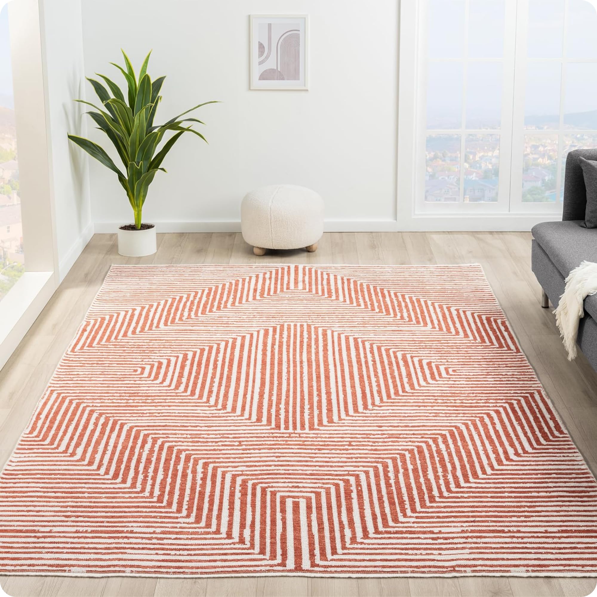 indigo ink - washable area rug, stain resistant, geometric boho decor, easy to clean, ideal for living room, bedroom, office (6' x 9', panther red/white)
