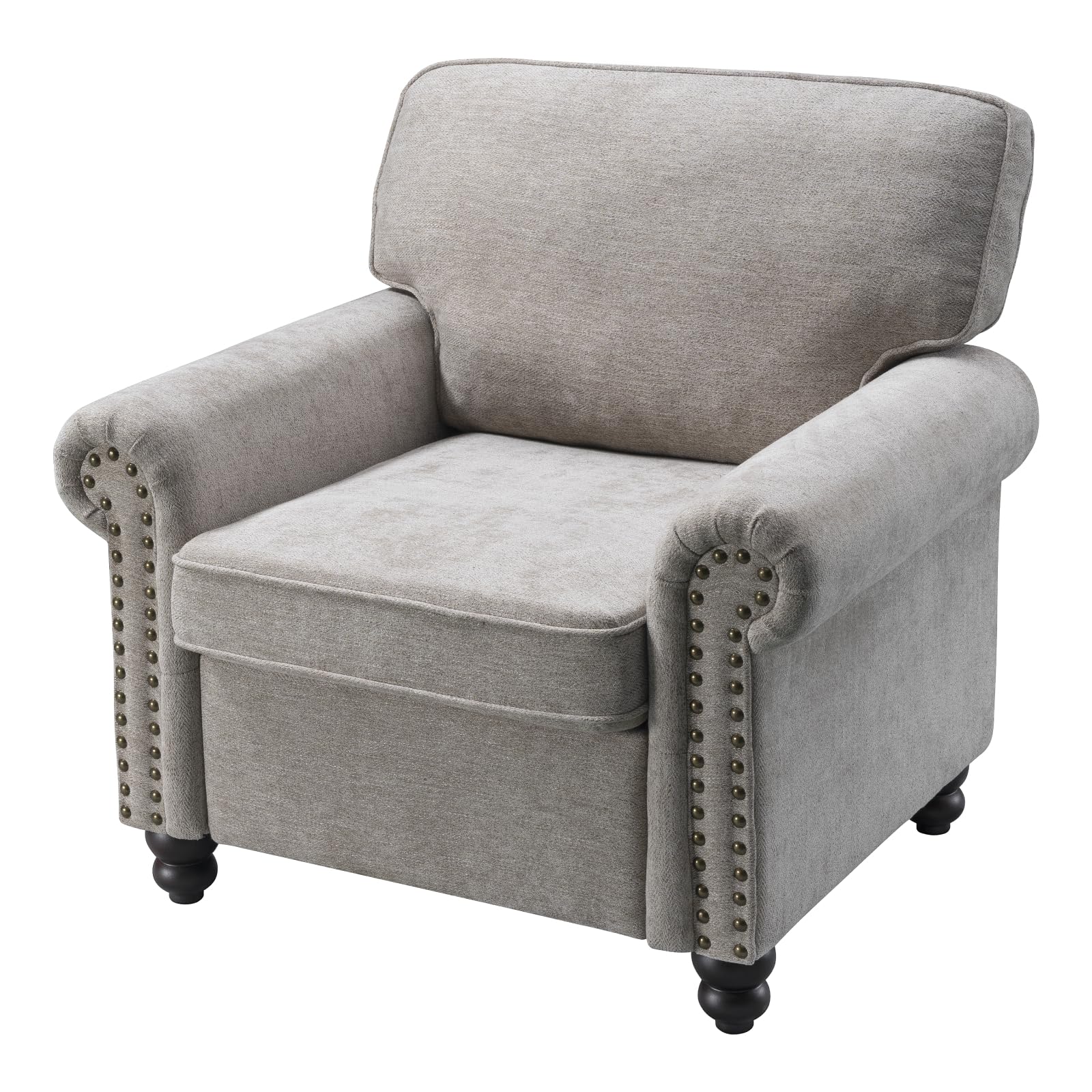 Nailhead Armchair, Rolled Arms Accent Chair for Living Room, Single Sofa Chair with Springs Seat Cushion & Wooden Legs, Mid-Century Armchair for Apartment, Office, Farmhouse, Beige