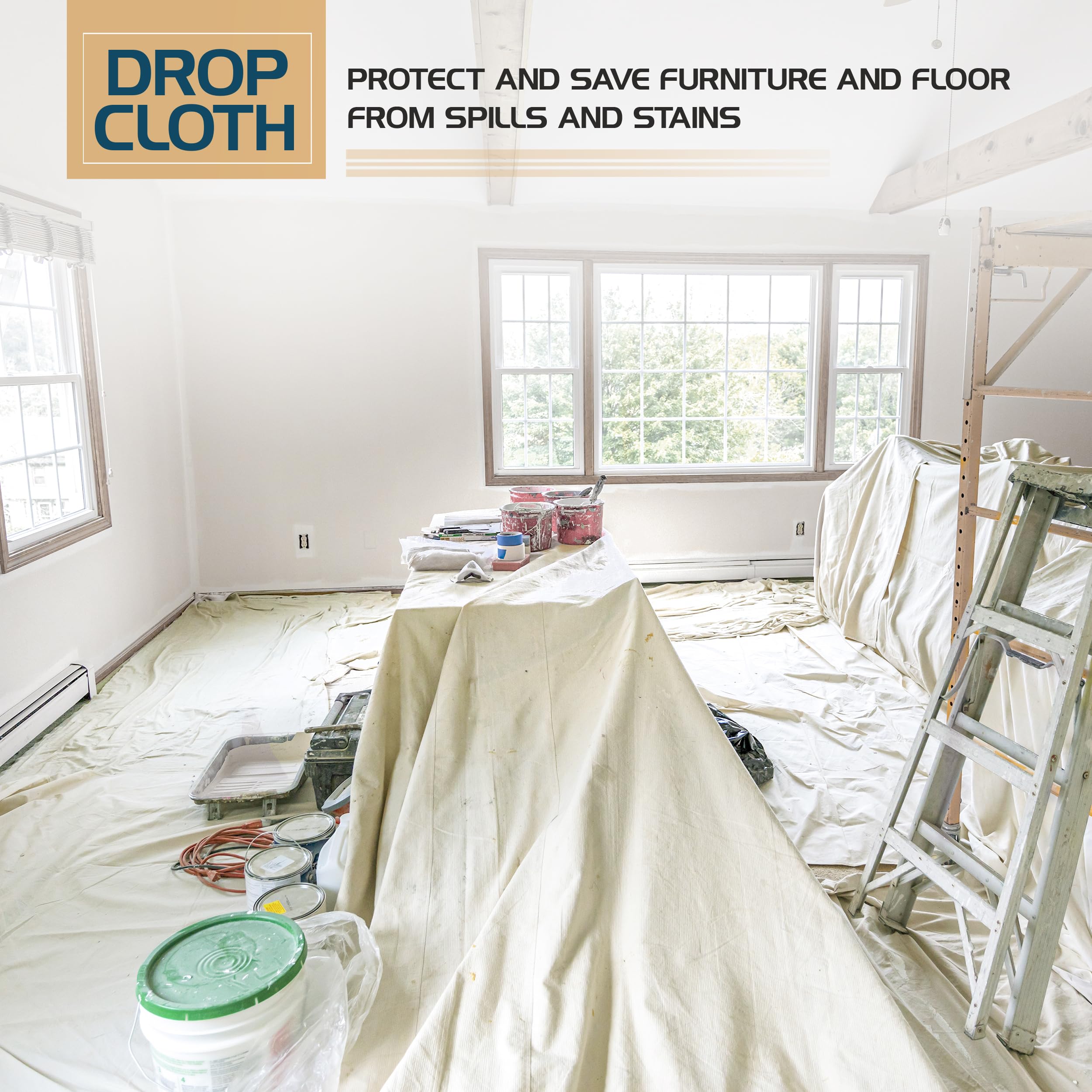 Utopia Home Drop Cloth per pittura (1,2 x 3,7 m, 2 pezzi) Tessuto di tela lavabile e riutilizzabile per mobili e pavimenti Protezione altamente assorbente - Duck Dropcloth per uso esterno e interno