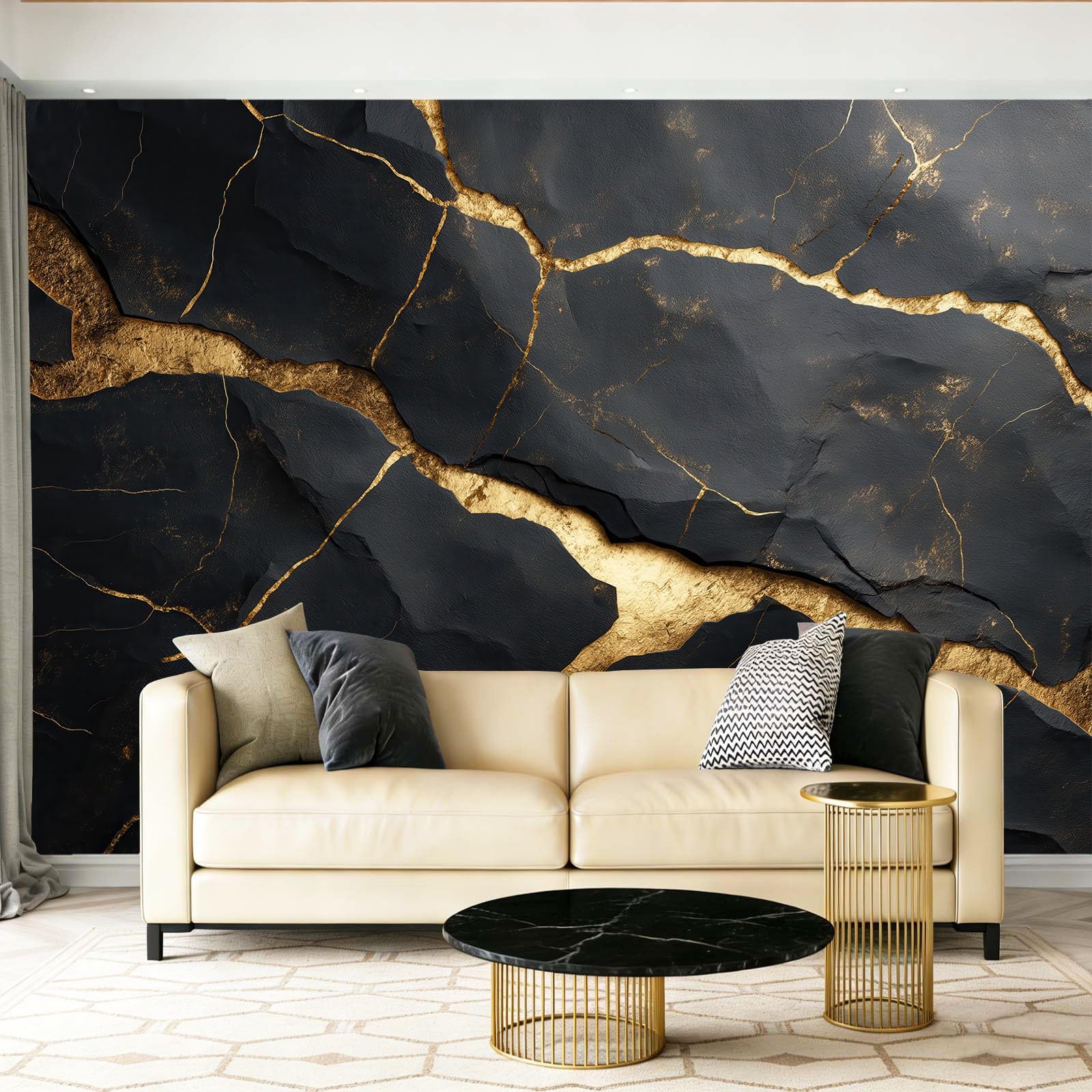 Fototapeta z włókniny 250 x 175 cm, elegancka marmur złote paski, tapeta do pokoju gościnnego i małej sypialni, czarna