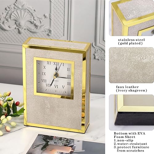 Miniatura 3 de Shagreen - Reloj de mesa de cuero dorado para chimenea, reloj de estante grande, moderno, sin tictac, decorativo, funciona con pilas, para