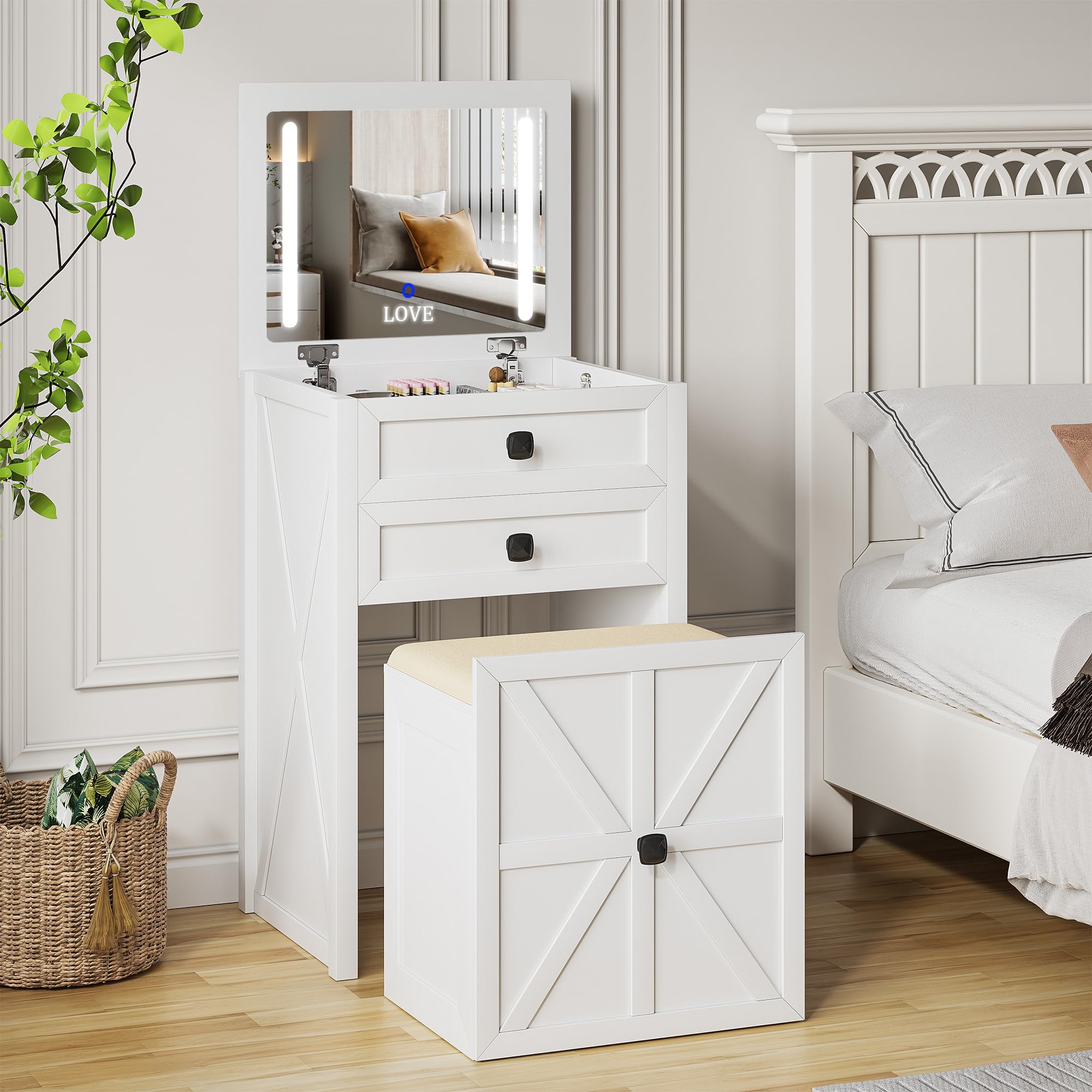 TAGELIER 3 in 1 Farmhouse Makeup Vanity,Small Vanity with flip-top Makeup Mirror&LED Lights, Compact Vanity Desk with Stool for Bedroom/Cloakroom/Office,White