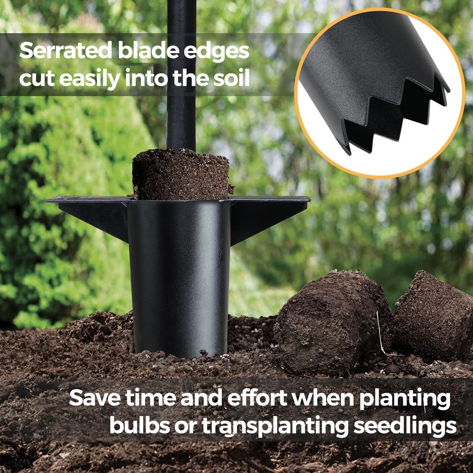 Plantoir de bulbes à long manche - Outil de Jardin en Acier Carbone pour Planter Tulipes, Iris, Jacinthes - Pédale Anti-Dérapante & Bord Dentelé - Plantoir, Aérateur et Transplantoir 3 en 1