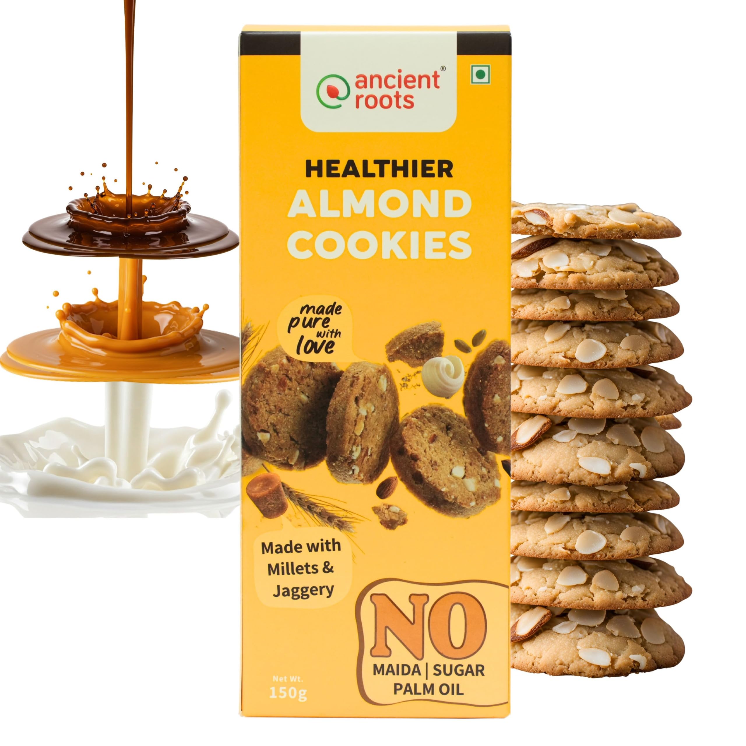 Ancient Roots Almonds Cookies Biscuits for Tea, Coffee, Breakfast, Kids – 150 gm | Made with Millet Flours, White Butter and Jaggery | No Maida and No Refined Sugar (Pack of 1)