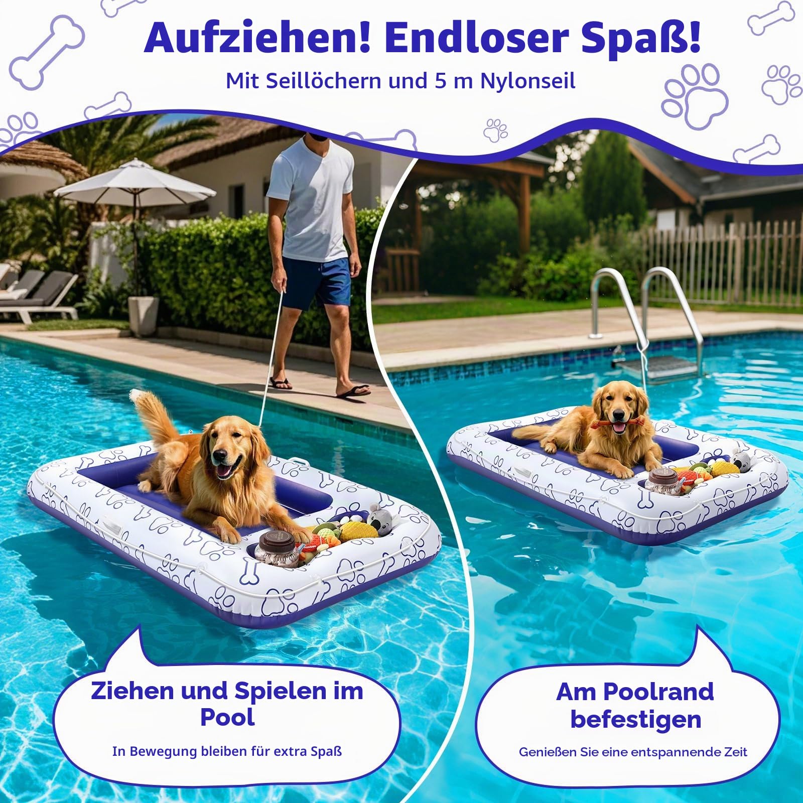 MoKo Pool Luftmatratze für Hunde, 150x90 cm für Hunde der Größen S/M/L, Schwimmmatratze mit Integriertem Staufach für Spielzeug und Futter, Aufblasbare Matratze, Blau Knochen Klaue