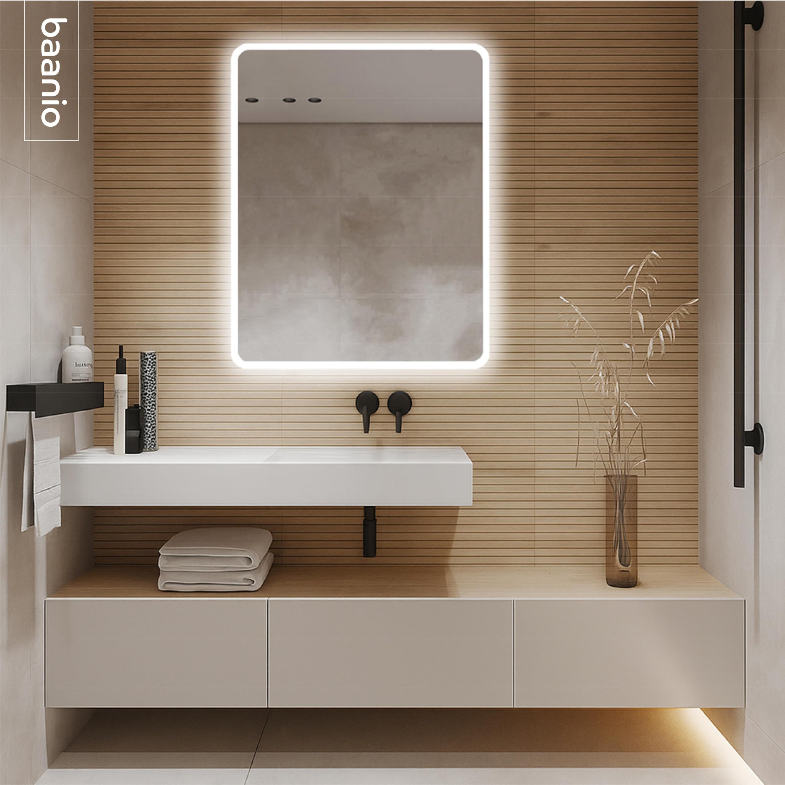Nuve - Espejo Baño Luz LED Fría Rectangular 80x100 | Espejo Retroiluminado Esquinas Redondeadas y Decorado Mate | Plata Ecológica de 4 mm | Montaje Horizontal o Vertical