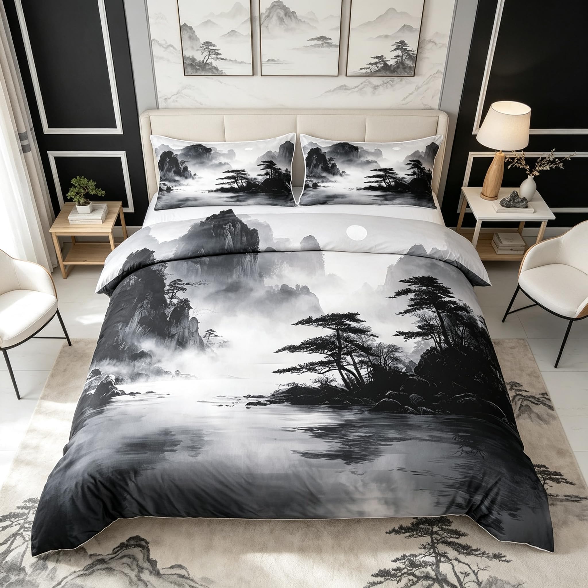 Loussiesd Chinese Ink Painting Bedding Set Soft for Boys Girls, Japanese Style Duvet Cover King Size Leaves Nature Landscape Comforter Cover Microfiber Mountain Bedroom Decor 3Pcs โ image 1