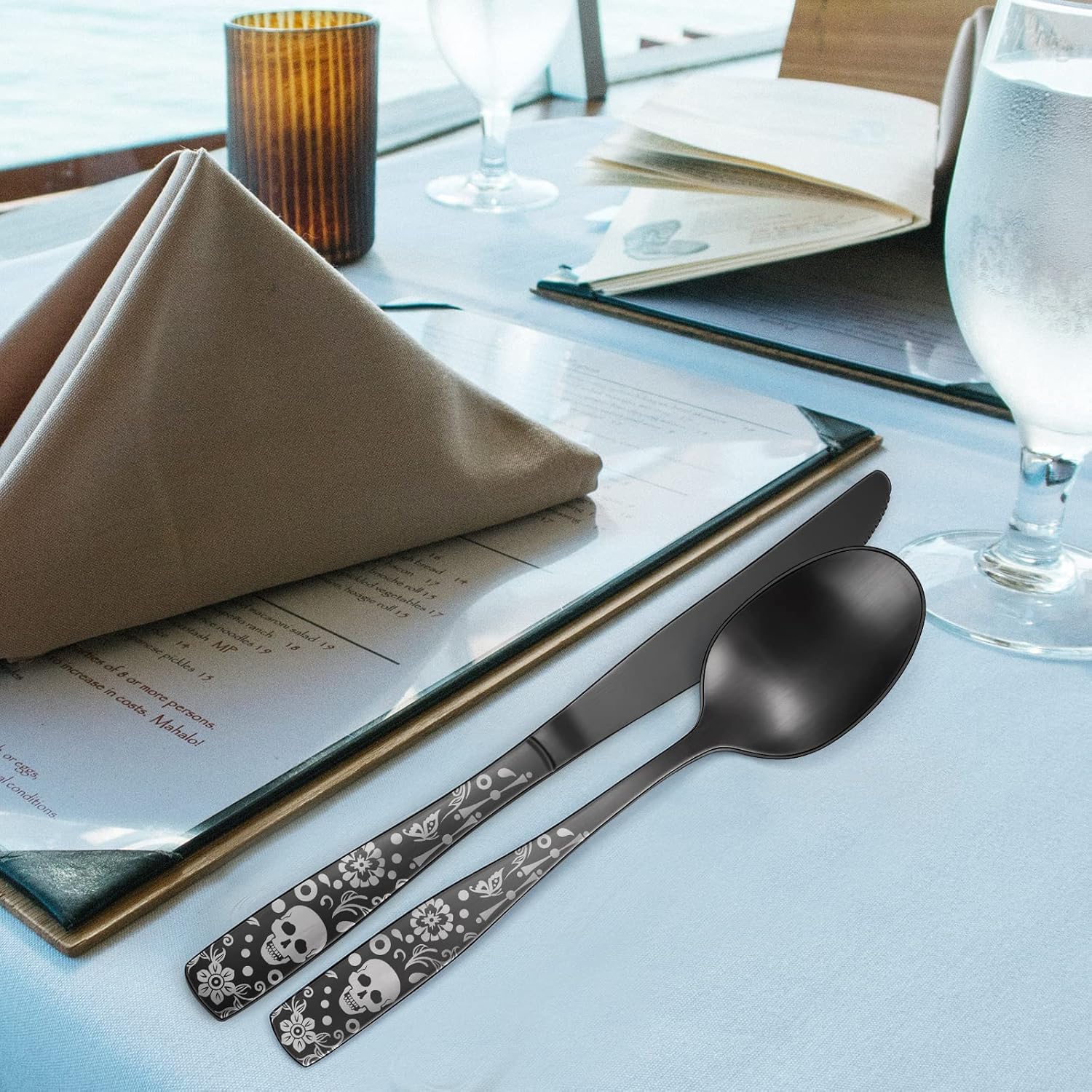 Pattern Matte Silverware Set for 8,40 Piece Gothic Black Flatware set,Skeleton Flower Bat Unique Pattern Design,Skull Knive Fork Spoon Spooky Utensils Cutlery,Halloween Party Supplies Event Tab