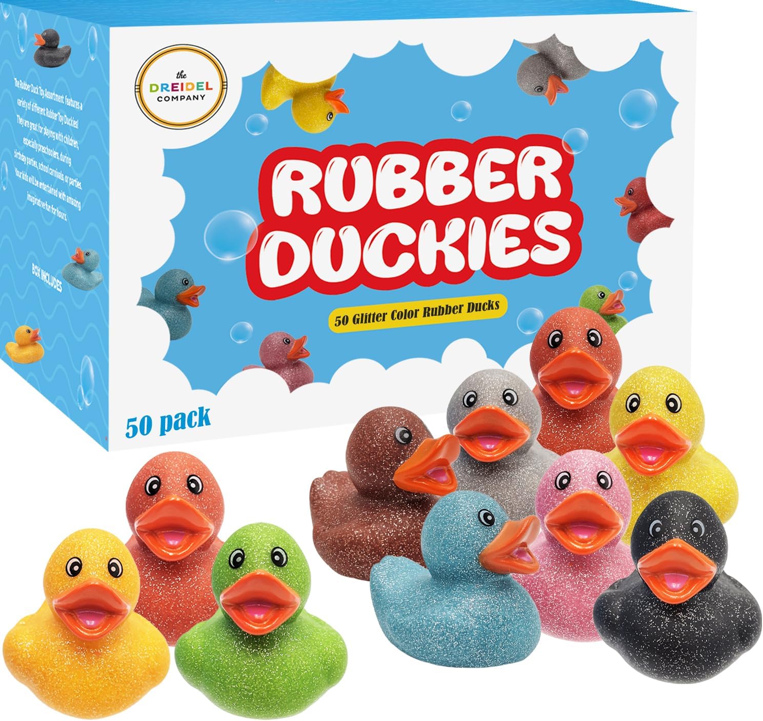 Glitter Rubber Duck Toy Assortment Duckies for Kids, Bath Birthday Gifts Baby Showers Summer Beach and Pool Activity, 2" (50-Pack)