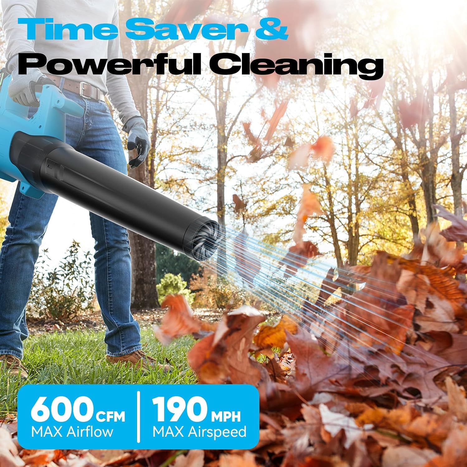 Cordless Leaf Blower for Makita 18V Batteries, 600CFM 190MPH, Brushless Motor, 6-Speed, 2×20V Batteries & Charger, Lightweight Electric Blower for Lawn Care, Yard, Dust, Snow - Image 2