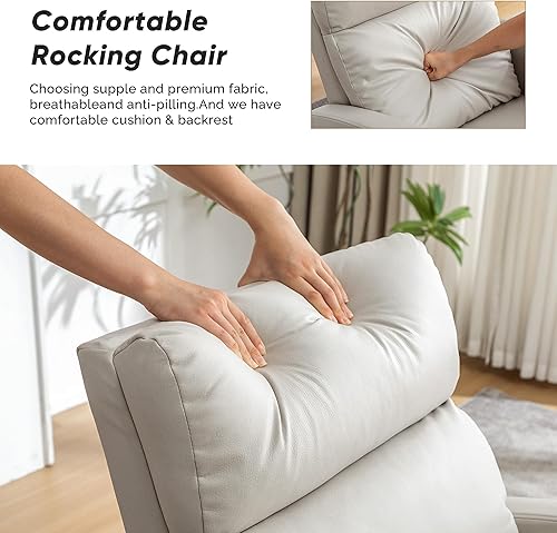 Miniatura 6 de Mecedora para guardería, sillas de enfermería de cuero con patas de madera y bolsillo lateral, cómoda silla mecedora para guardería, sala de estar,