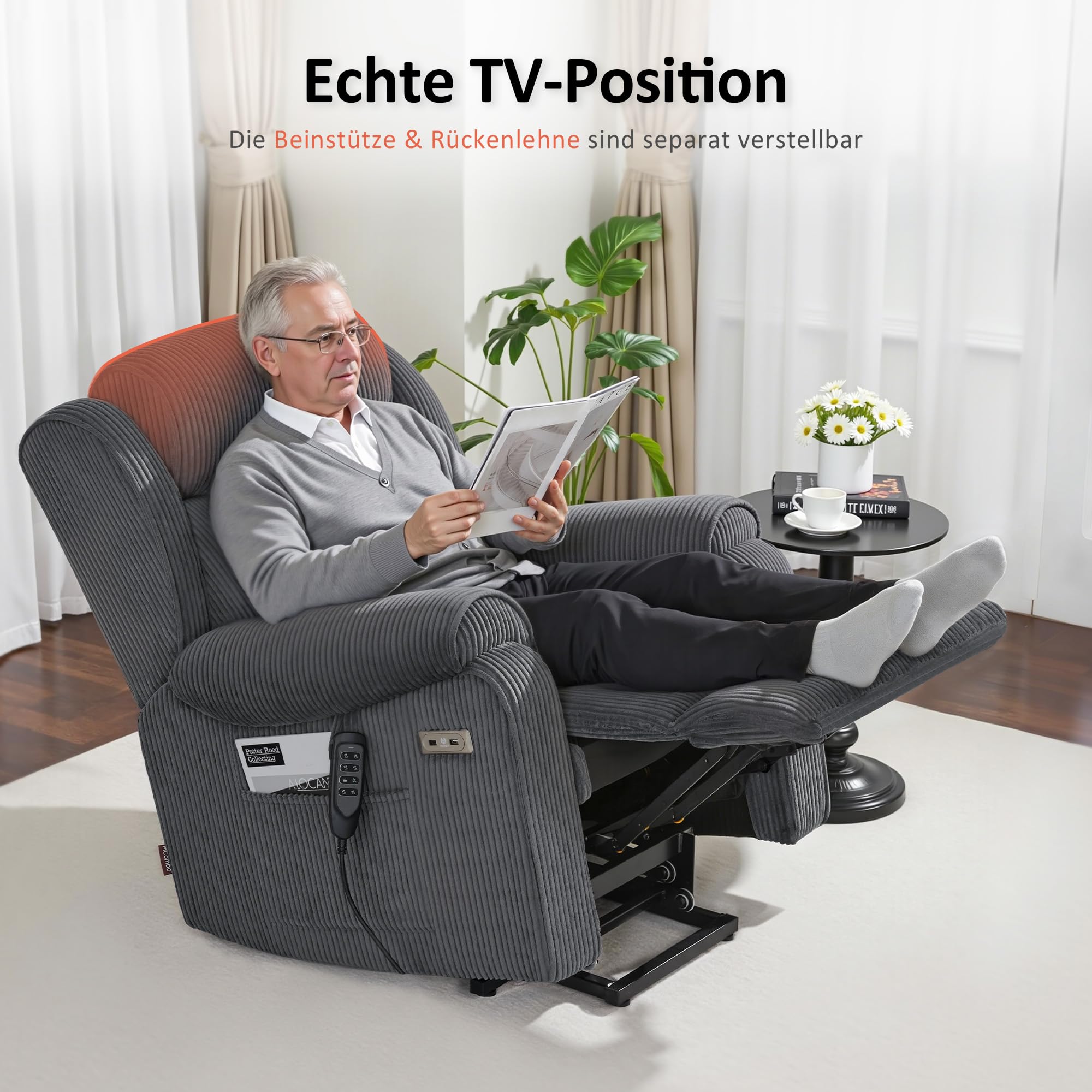 M MCombo 4-Motoren-Fernsehsessel mit Aufstehhilfe Elektrisch, Elektrische Lenden- & Kopfstütze 165°Zero-Gravity Sessel mit Aufstehhilfe, Massage & Heizung 7558 (Dunkelgrau-Stoff)