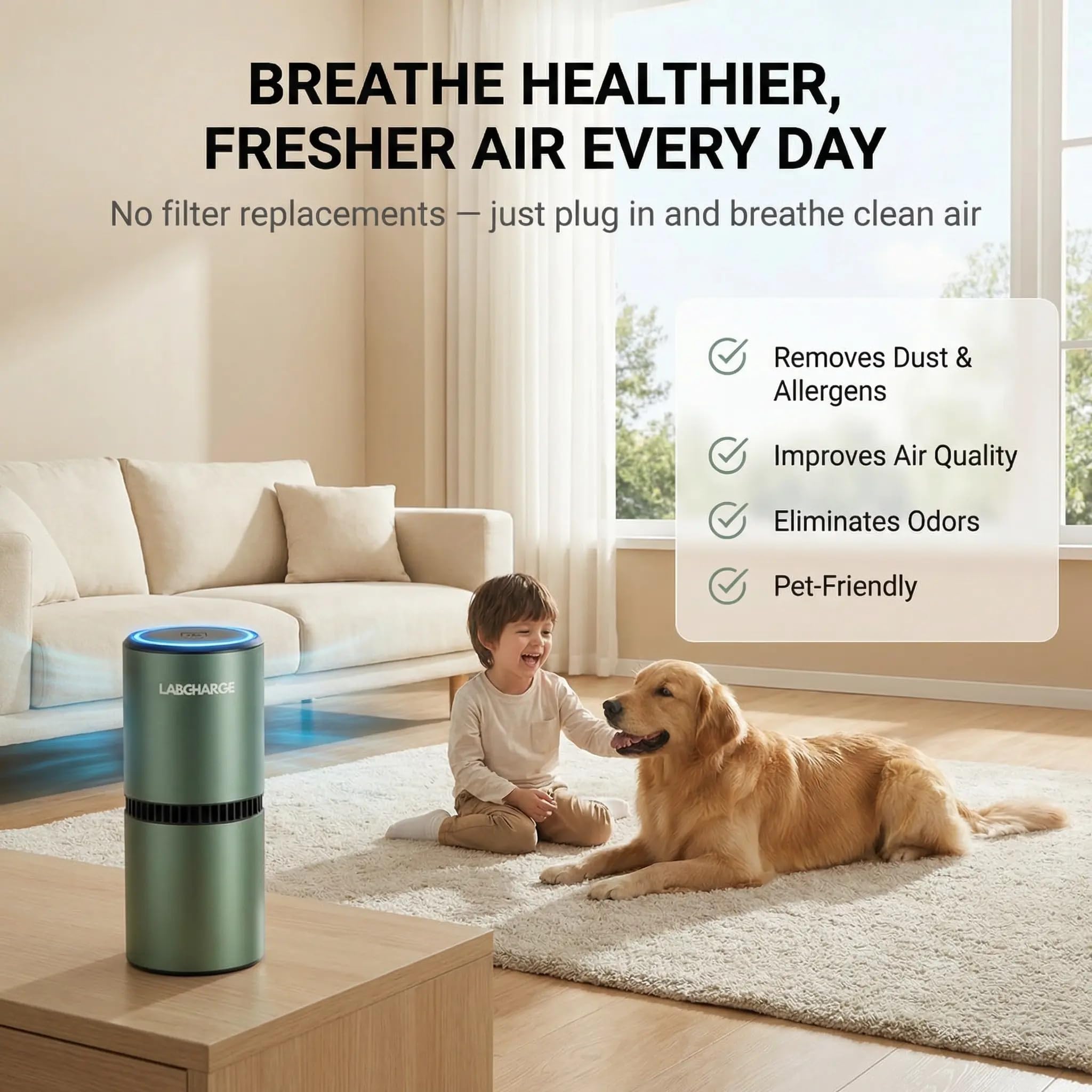 Lab Charge Piccolo purificatore d'aria ionico per casa e camera da letto, filtro HEPA silenzioso, copre 250 mq, detergente per animali domestici, capelli, fumo, polvere, odori e forfora, design