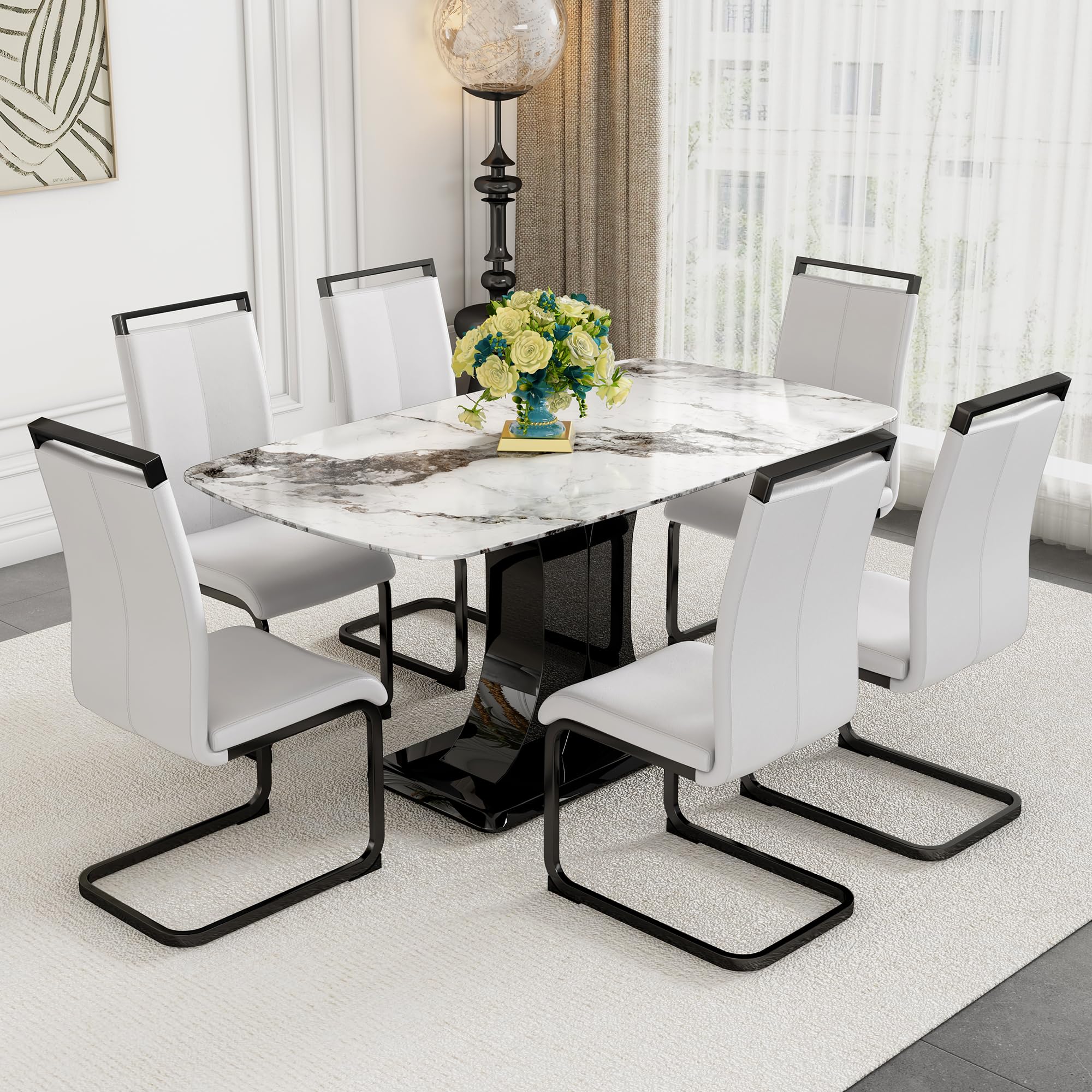 Btikita Modern Dining Table Set for 6, Faux Marble Kitchen Table Chairs Set, 63" Rectangular MDF Table Upholstered Chrome Chairs, Easy Clean for