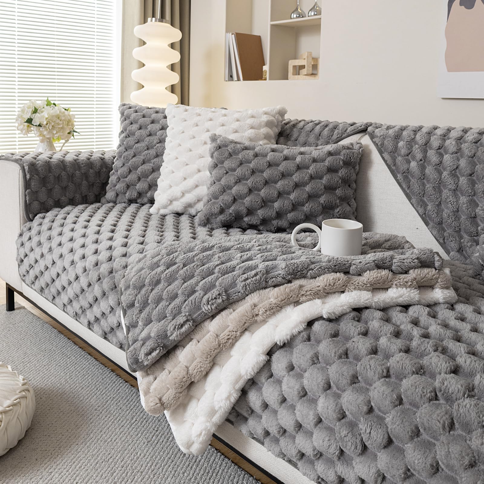 tianxinbaobei Funny Fuzzy Couch Covers for Sofa Plush Warm Sectional Sofa Covers Washable for 3-4 Cushion Couch,Non-slip Slipcover Sofa Covers for Pet Dog Furniture Protector(1PC,Light Grey,35"x83") - Image 3
