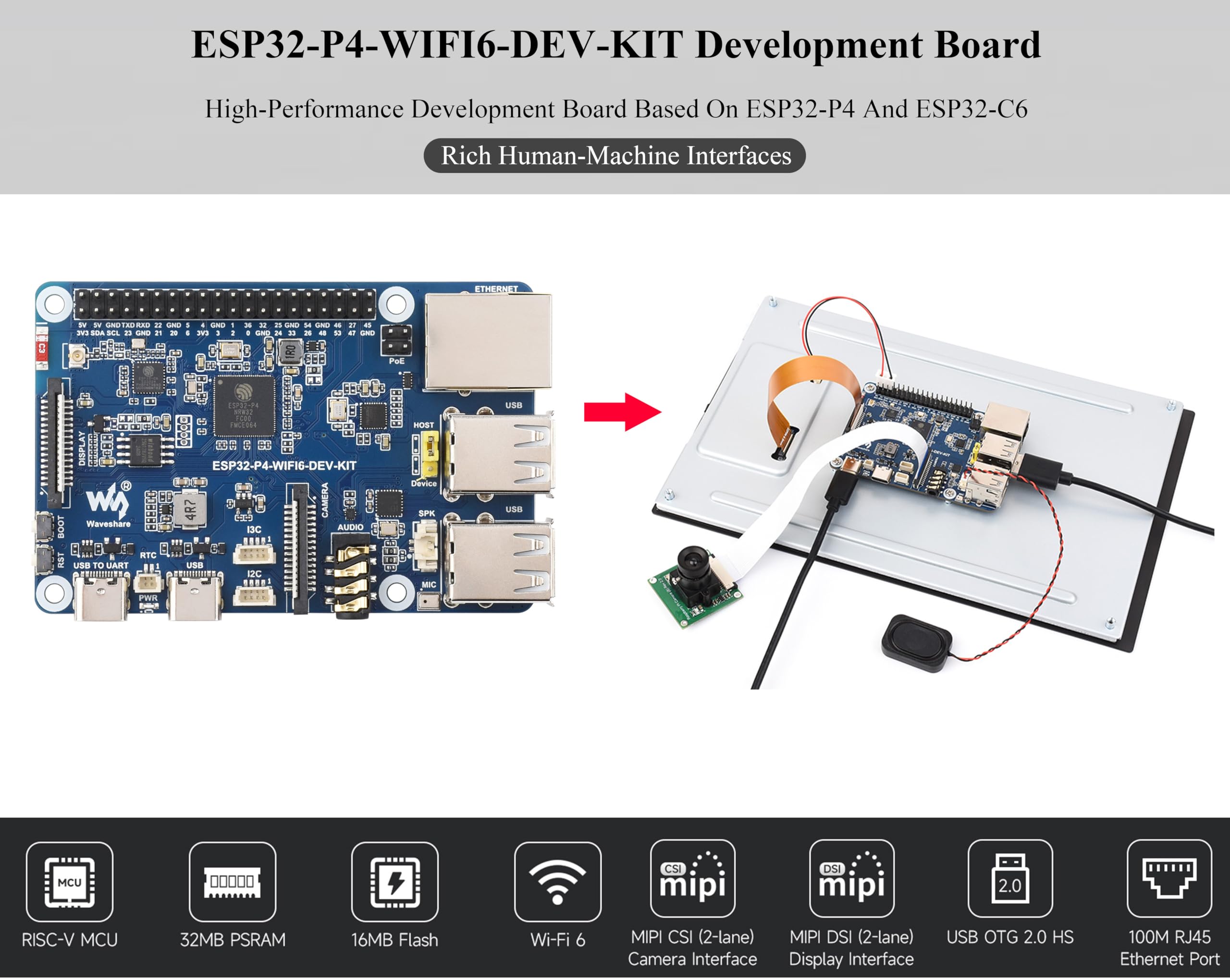 AI ESP32-P4-WIFI6-DEV-KIT Dev Board, Based On ESP32-P4 and ESP32-C6, Supports Wi-Fi 6/Bluetooth 5 / BLE 5, Supports AI Speech Interaction, with Camera, Speaker, 10.1inch DSI Touchscreen,14 Items
