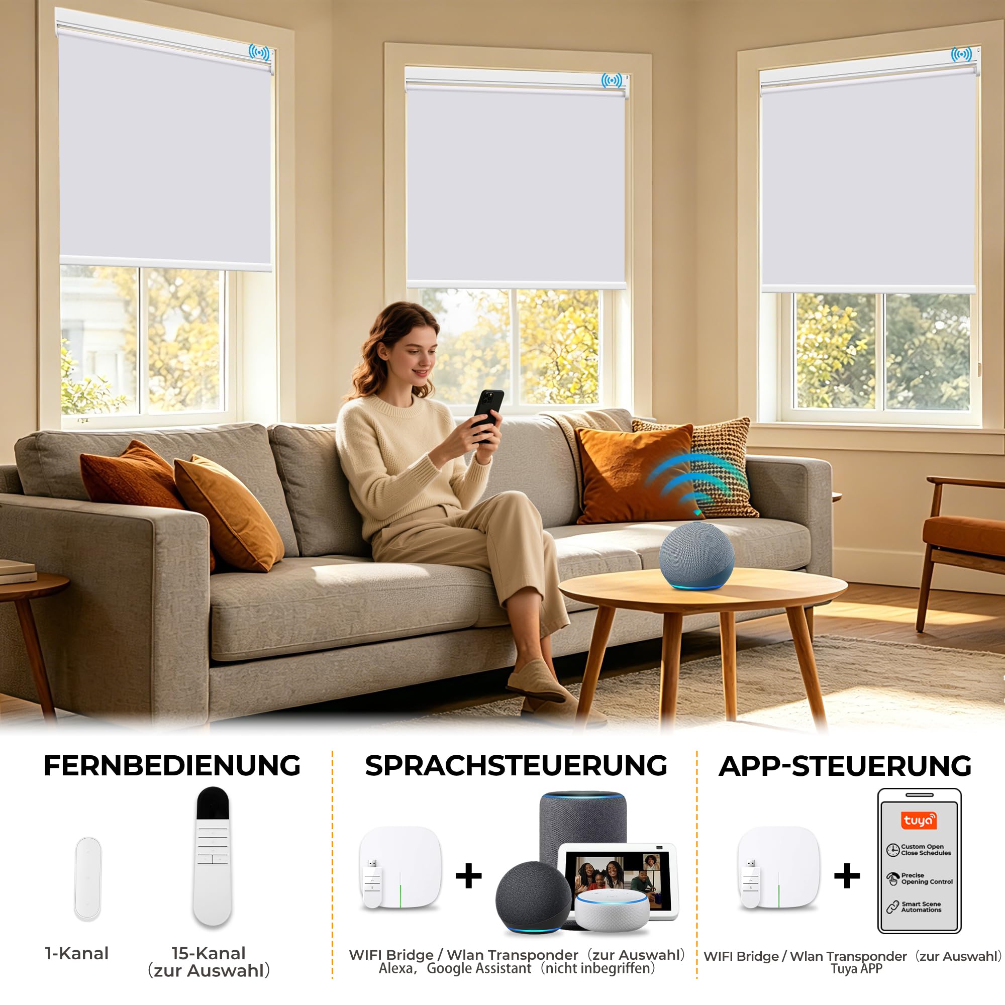 HOMEDEMO M100 Elektrische Rollos Verdunkelungsrollo mit Motor & Fernbedienung, Weiß 95x150cm(BxH), Smart Rollo ohne Bohren klemmfix & mit Bohren, Sonnenschutz Sichtschutz Rollo für Fenster