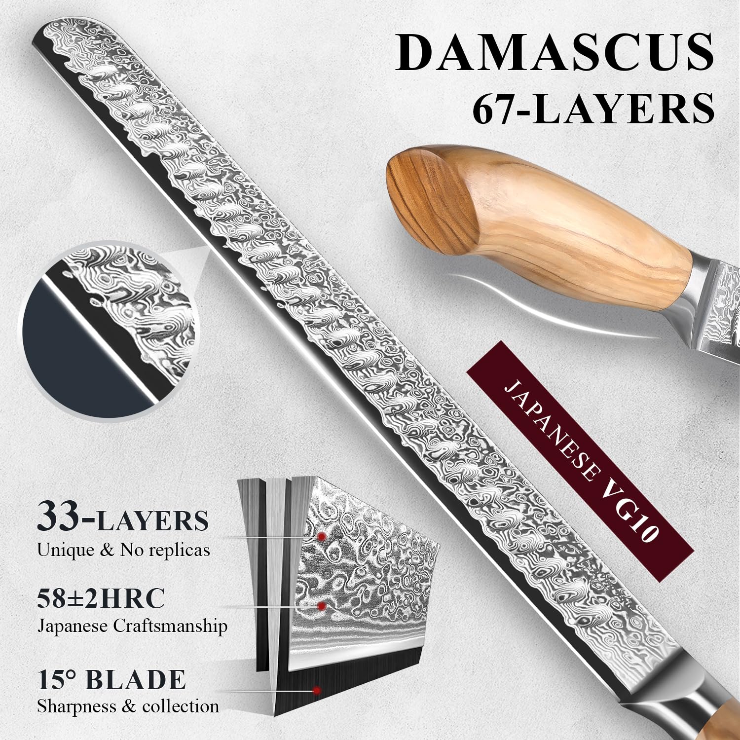 Emojoy Damascus Brisket Slicing Knife, 12" Carving Knife with Japanese Steel, Olive Wood Handle, Luxury Wooden Gift Box, Razor Sharp for Meat & Turkey — Amazon image 2